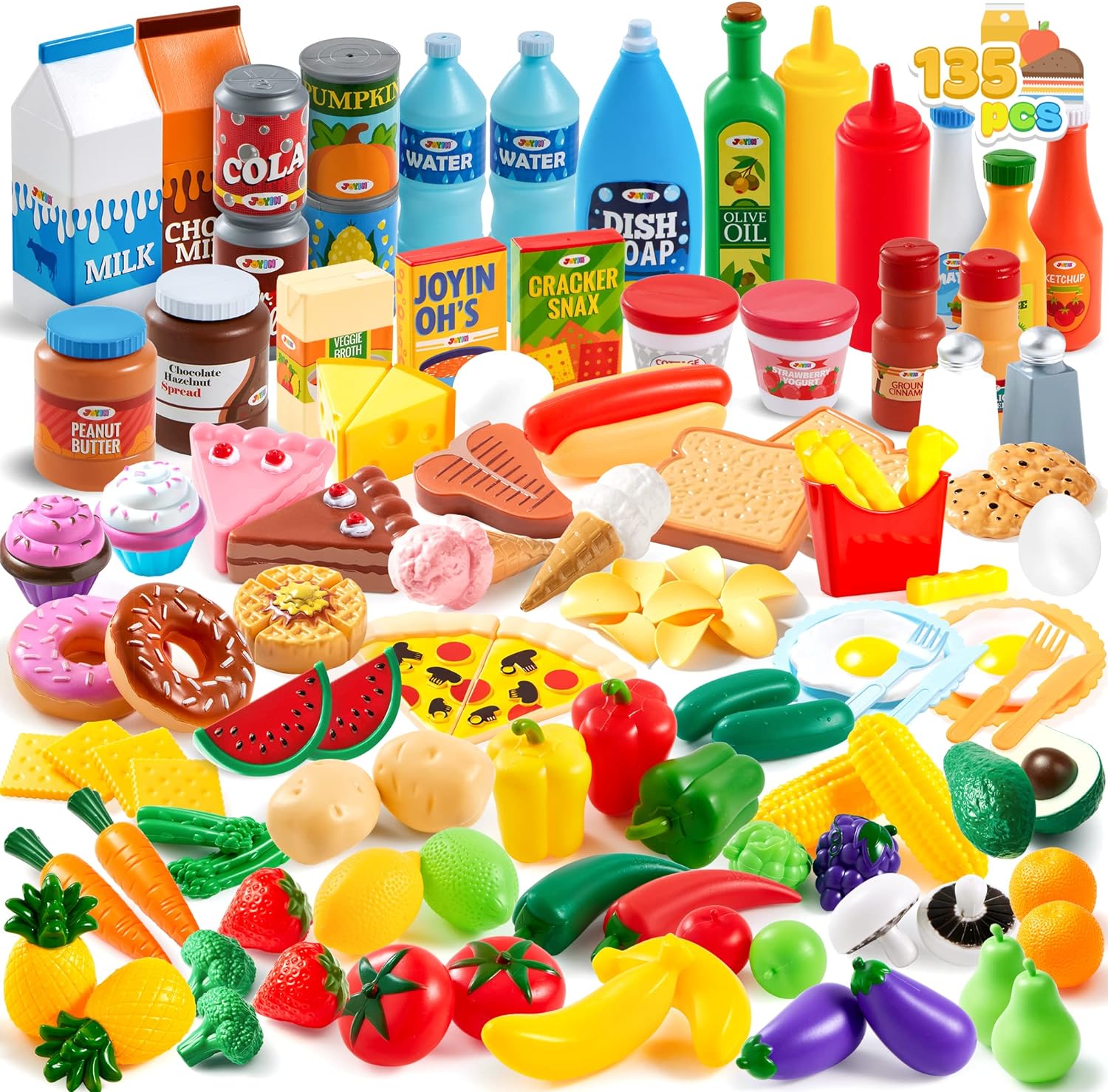 JOYIN 135Pcs Kids Play Food Set, Value Pretend Food for Play Kitchen with Fruit, Vegetable, Food Can, Dessert, Tableware, Bottles, Dramatic Plastic Food Toys for Toddler Boys Girls 3  Years