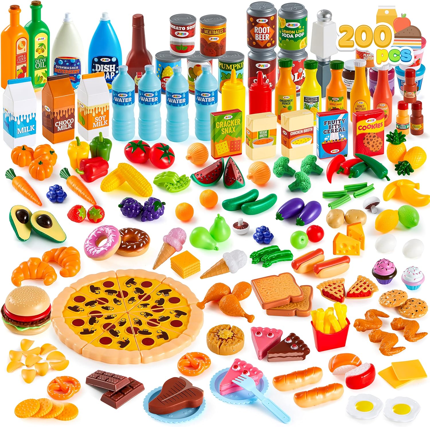 JOYIN 200 Pieces Kids Play Food Deluxe Pretend Food Set Play, Toy Food, Play Kitchen Accessories with Realistic Colors, Toddler Birthday Gift, Party Toys