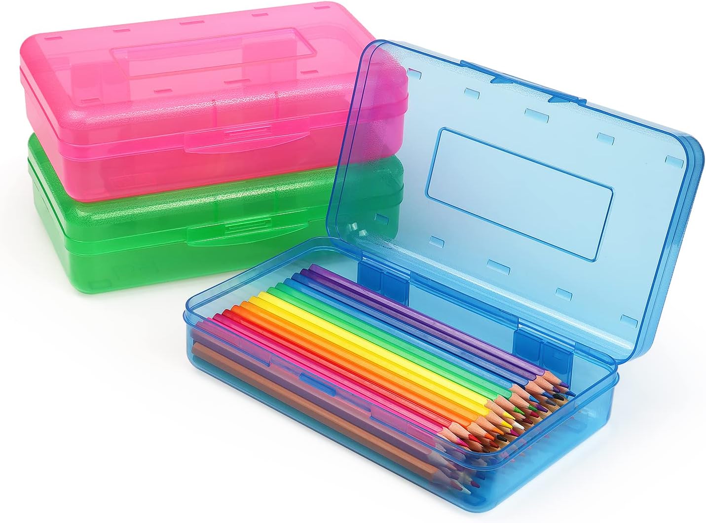 Tamaki 3 Pack Plastic Pencil Box Large Capacity Pencil Boxes Clear Boxes with Snap-tight Lid Stackable Design and Stylish Office Supplies Storage Organizer Box, Blue, Green, Pink