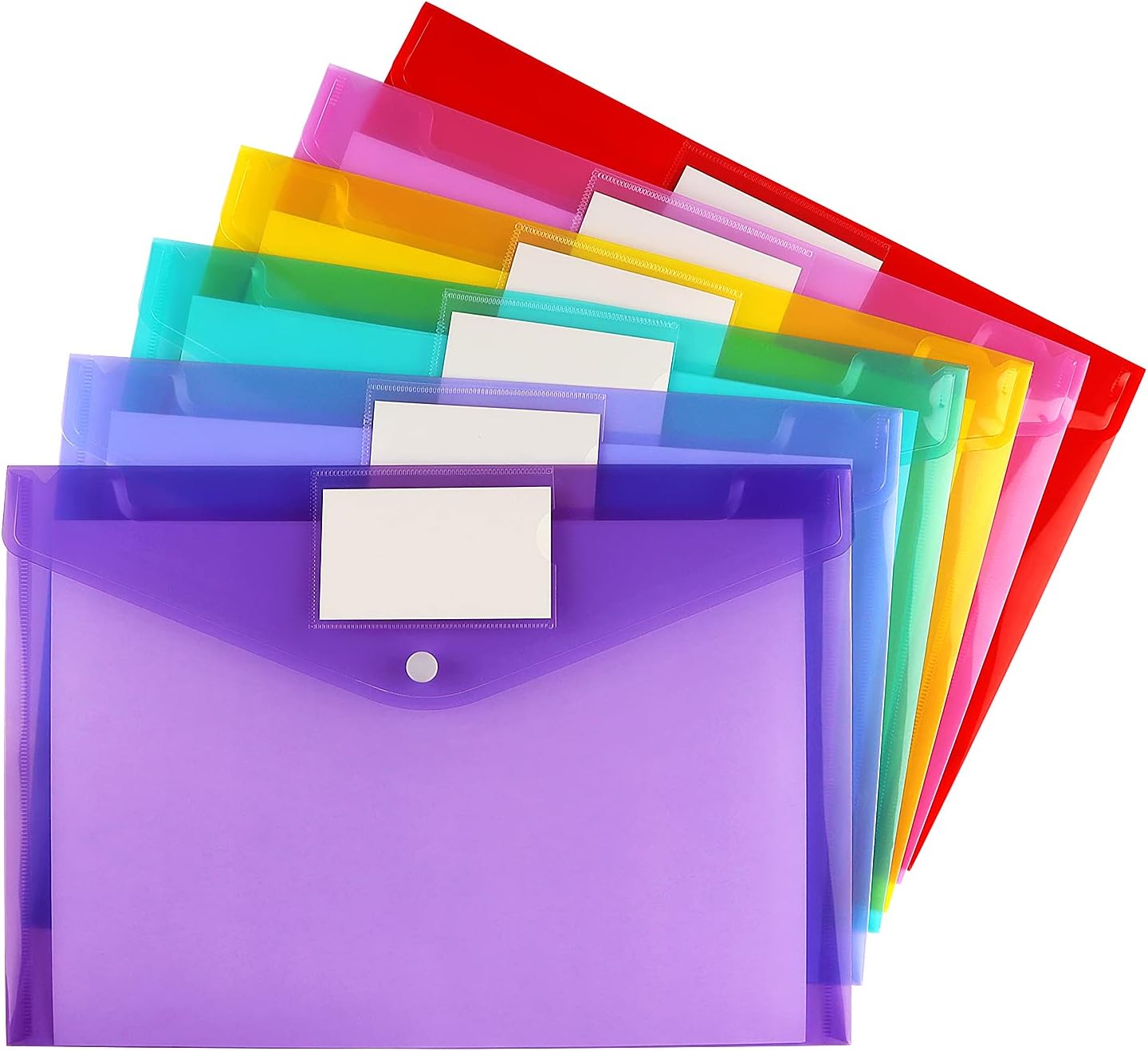 6 Pack Clear Document Folders Plastic Envelopes Poly Envelopes File Envelopes with Label Pocket and Snap Button for Home Work Office Organization, Letter Size/A4 Size, 6 Colors