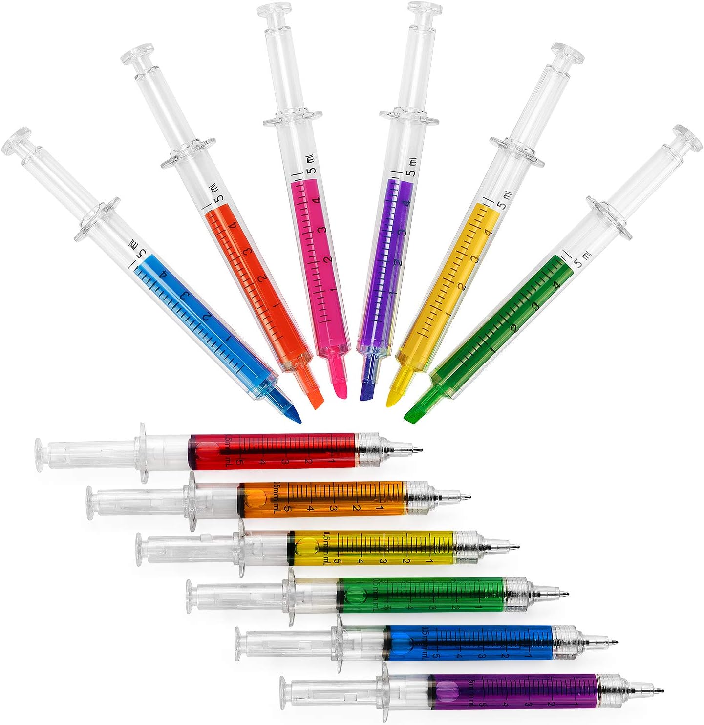 Hutou 6 Syringe Ballpoint Pens   6 Syringe Highlighters, Syringe Pen Multi Color Novelty Pen for Student School Supplies(12 Pack)