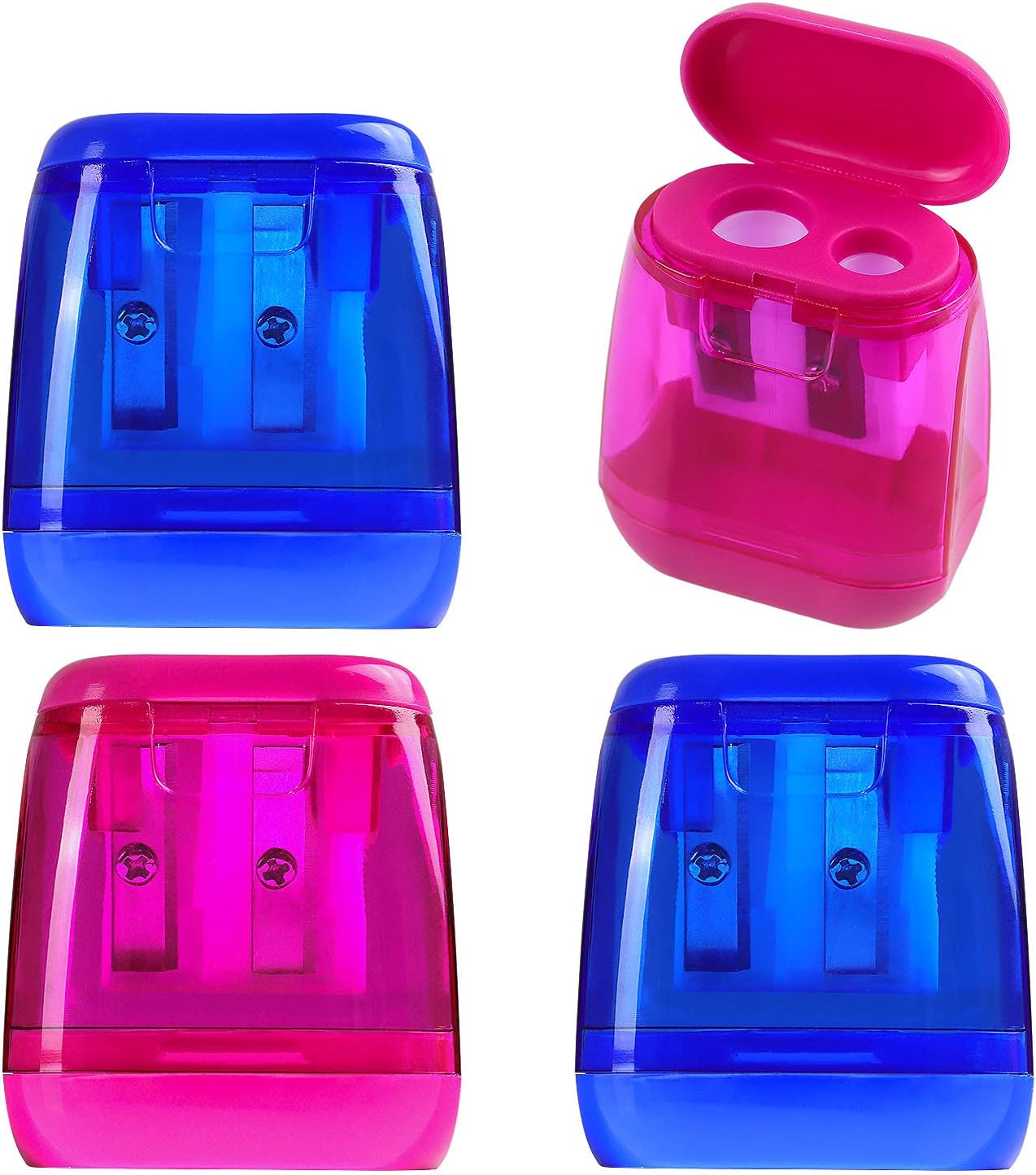 4 Pack Double Holes Pencil Sharpener Manual Pencil Sharpeners with Lid Pencil Sharpeners for Kids Plastic Pencil Sharpeners for School Office Home(Blue, Rose)