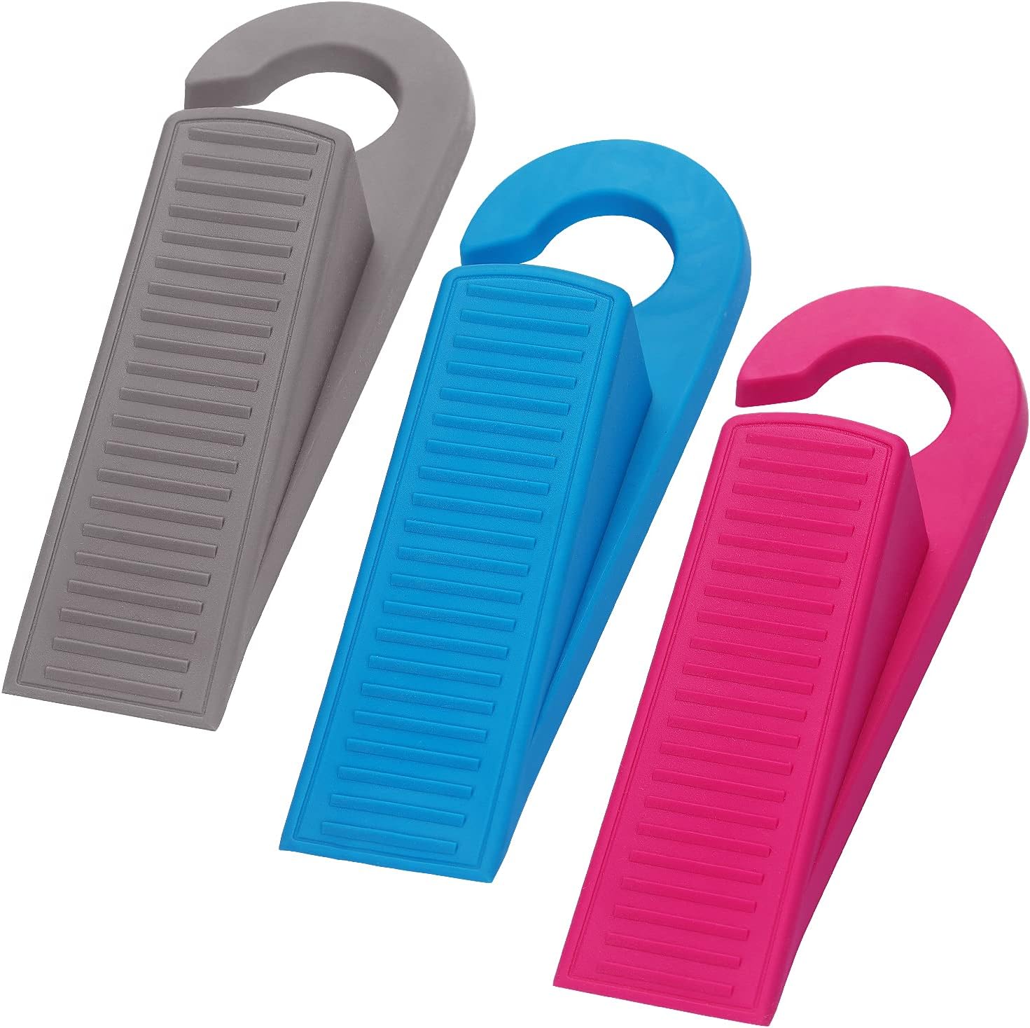 3 Pack Rubber Hook Type Door Stoppers 1 Inch Thick Door Stop Works on All Floor Surfaces, Control The Size of The Door Gaps and Prevent The Lock-Outs (Gray/Blue/Rose)