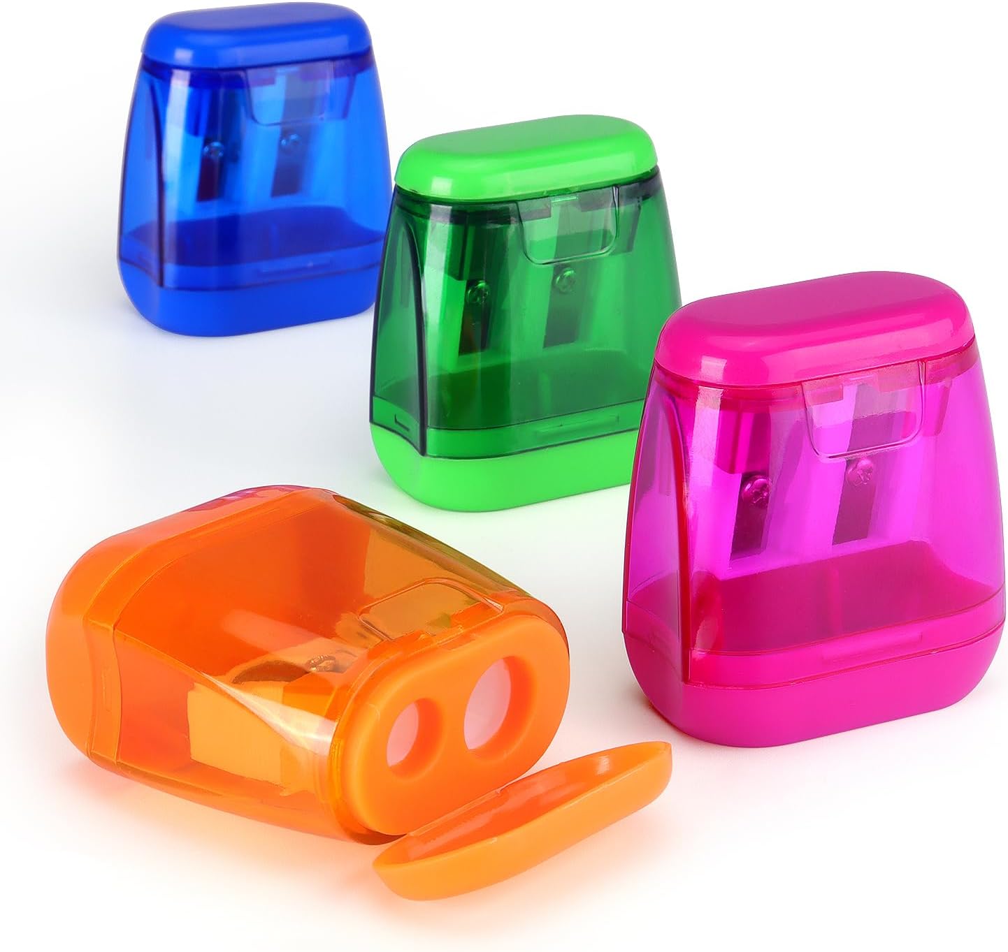 4 Pack Double Holes Pencil Sharpener Manual Pencil Sharpeners with Lid Pencil Sharpeners for Kids Plastic Pencil Sharpeners for School Office Home(Blue, Green, Orange, Rose)