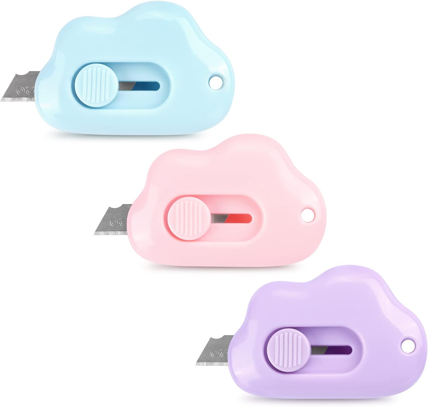 3 Pack Mini Cloud Box Cutter Utility Retractable Art Knives Letter Opener Envelope Slitter, Cloud Shaped Carton Portable Cutter with Key Chain Hole