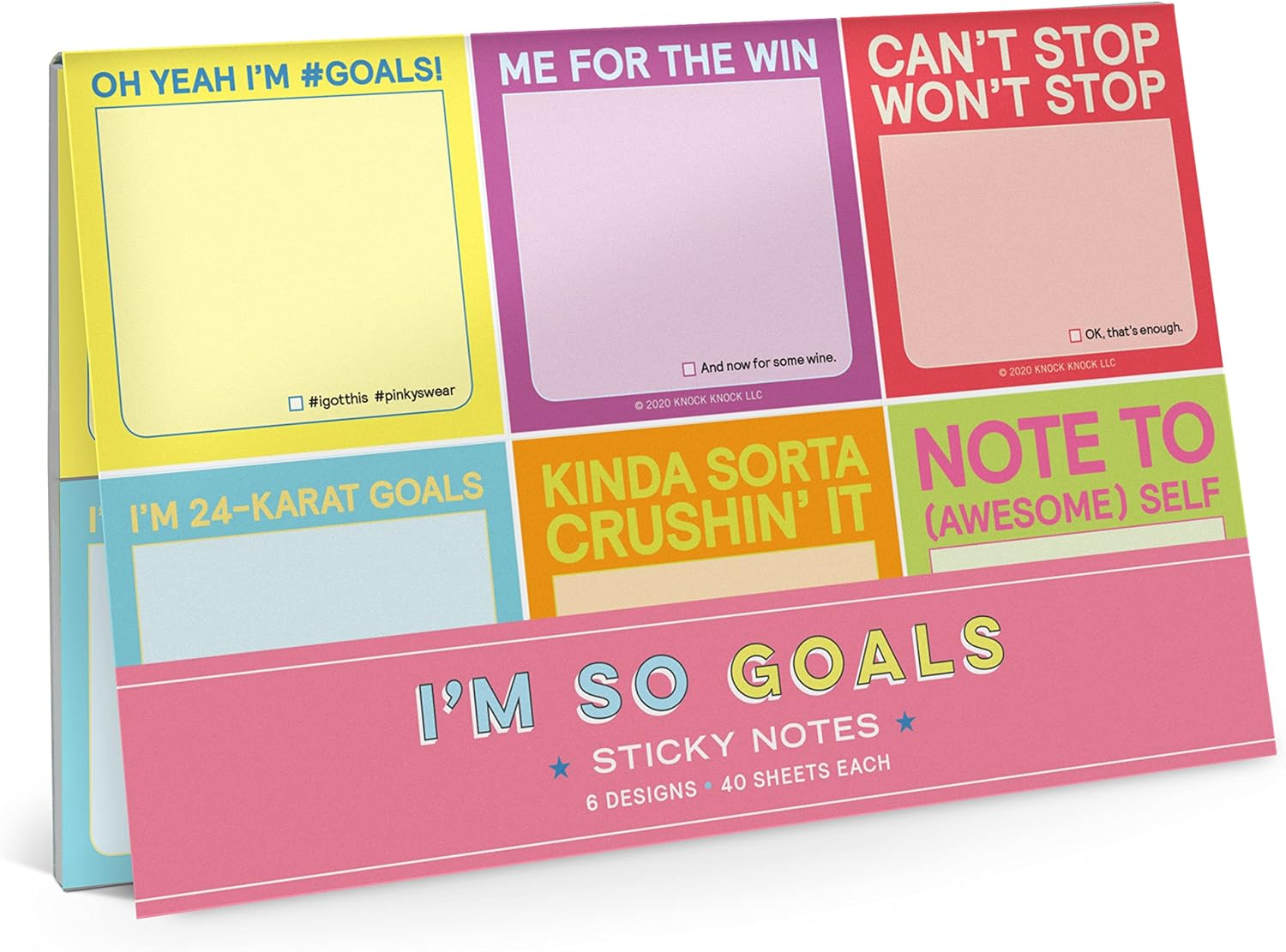 Knock Knock I'm So Goals Sticky Packet Set, 6 Sticky Note Pads Set, 2.75 x 2.75-Inches and 40-Sheets Each