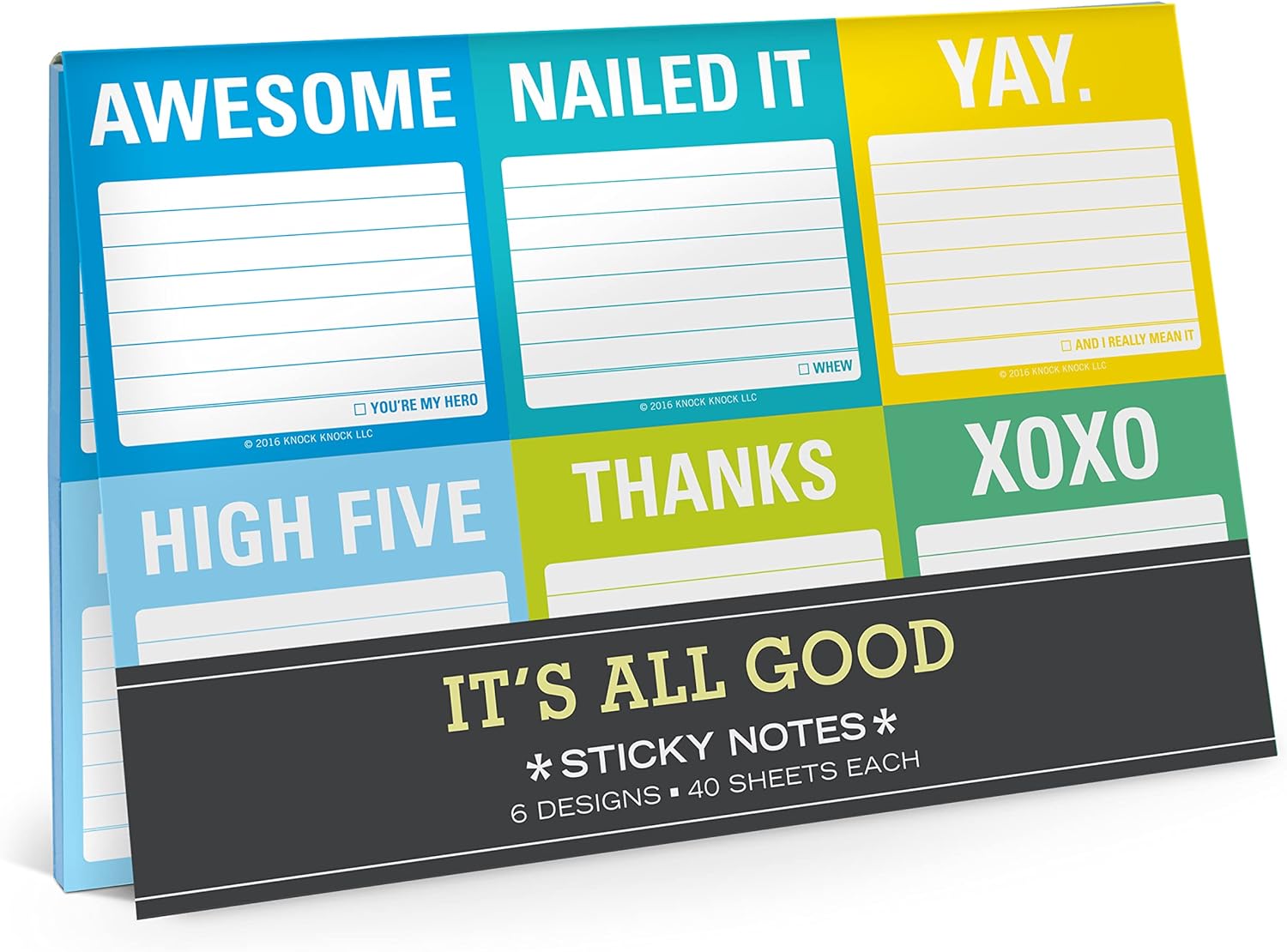 Knock Knock It' All Good Sticky Note Packet, 6 Sticky Note Pads Set, 2.75 x 2.75-Inches and 40-Sheets Each