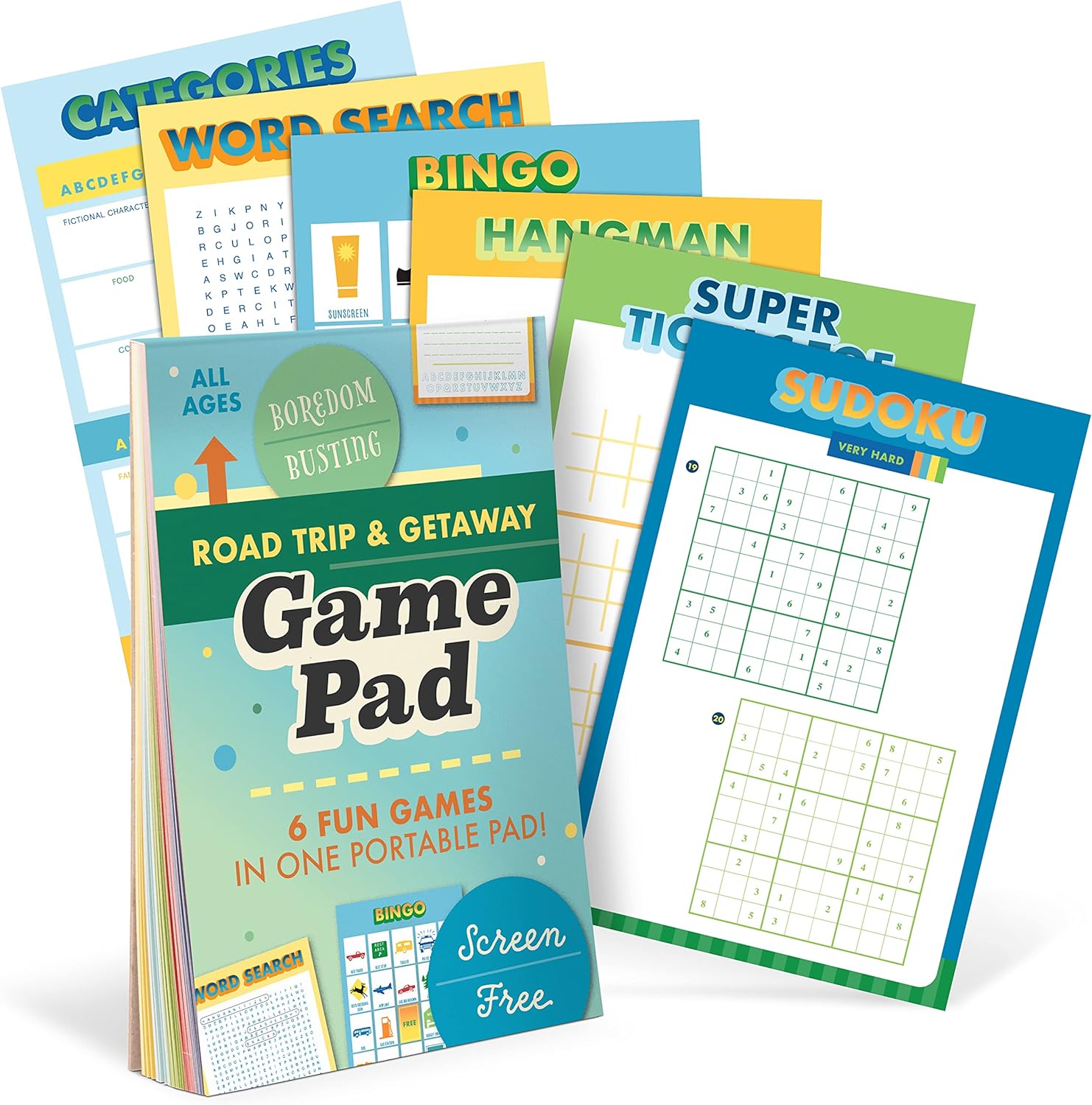 Knock Knock Roadtrip & Getaway On-The-Go Game Pad, Travel Car Activities for Kids, 6 Games (Sudoku, Super Tic-Tac-Toe, Hangman, Bingo, Word Search, Categories), 6 x 9-inches