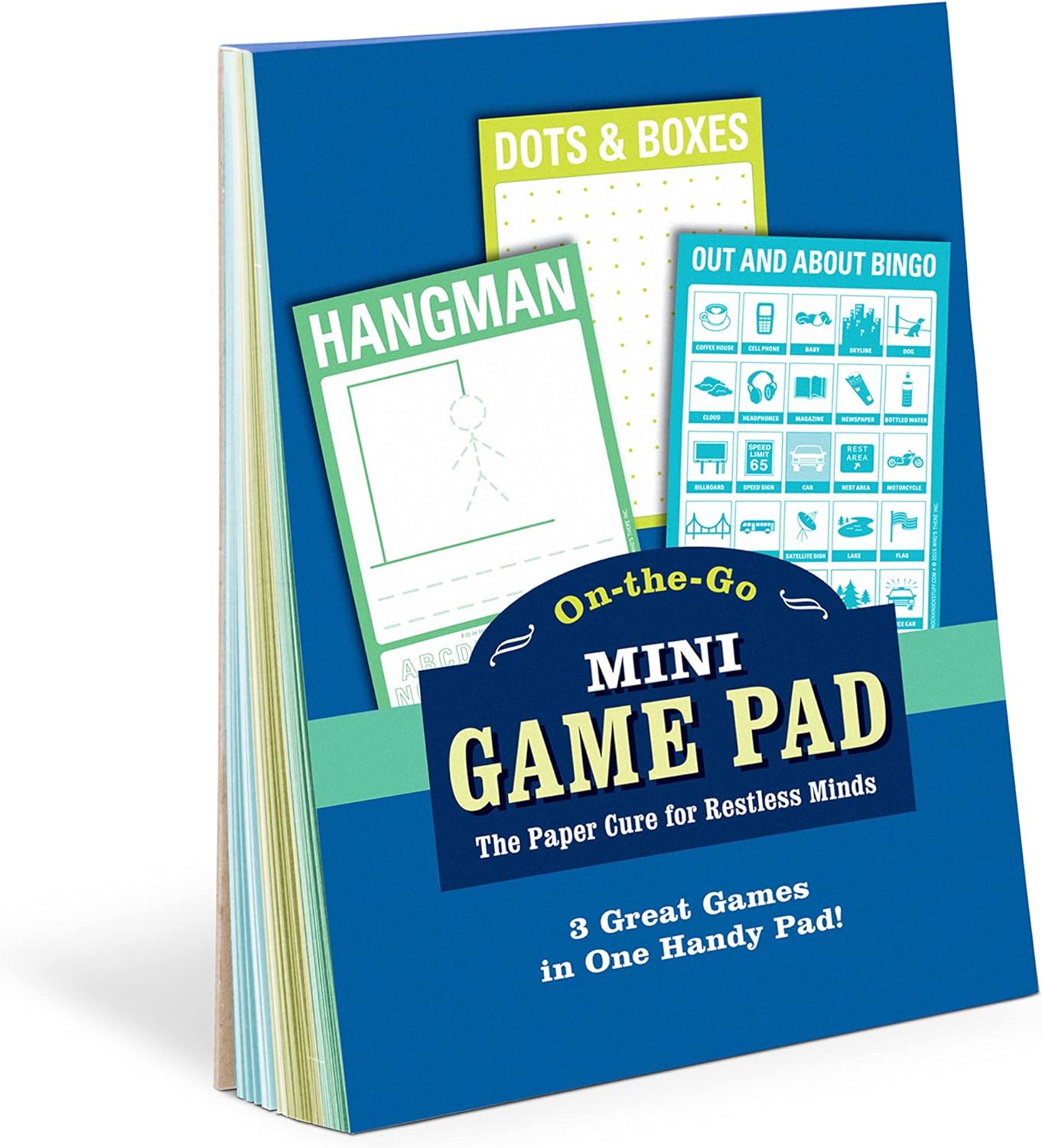 Knock Knock Mini On-The-Go Game Pad, Small Travel Activity Notepad (3 Games: Hangman, Dots & Boxes, Out and About Bingo, 4 x 6-inches