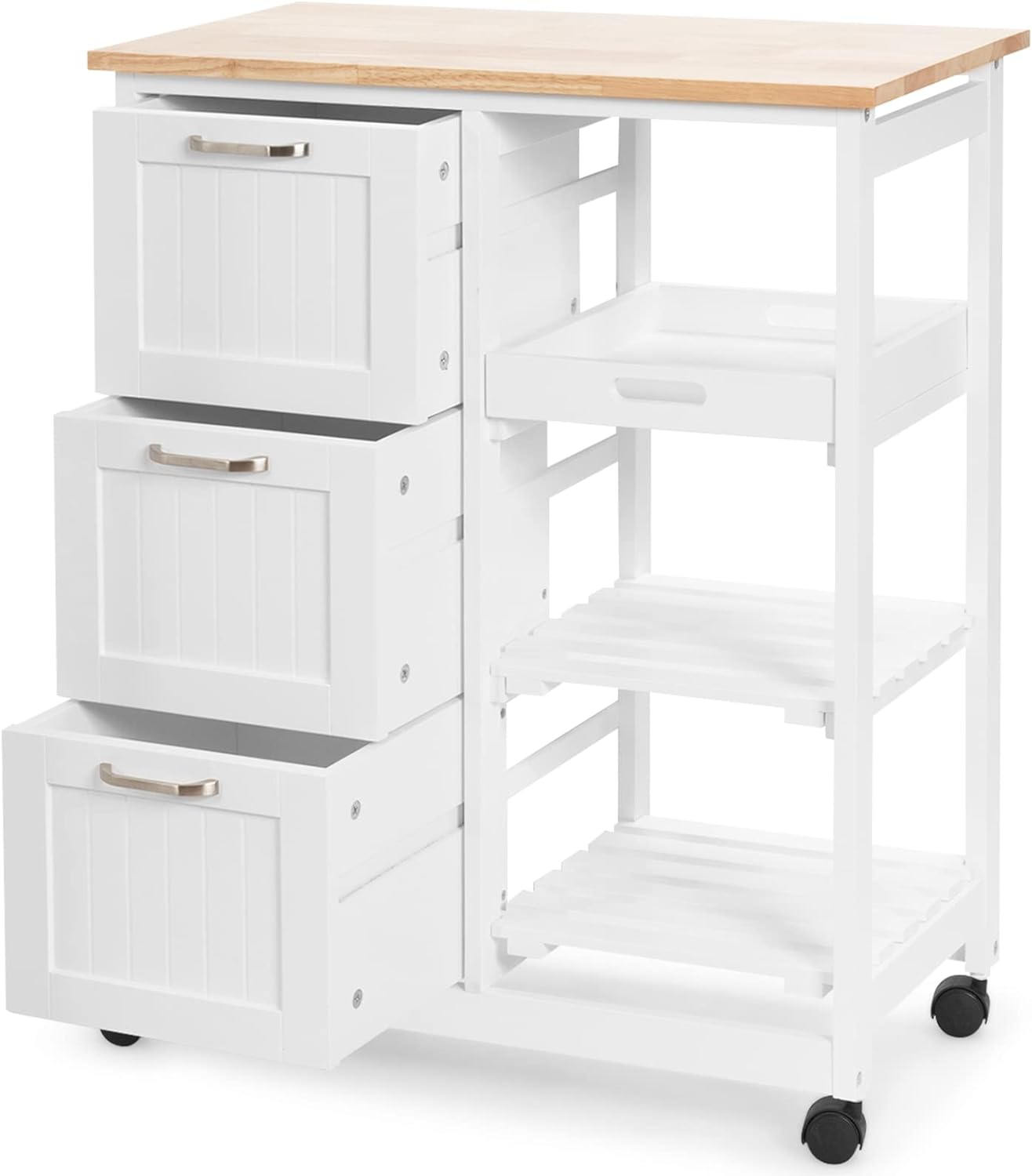 COSTWAY Kitchen Storage Island Cart on Wheels, Kitchen Rolling Trolley Cart with 3 Drawers and Shelves, 360 Wheels & Detachable Tray, Kitchen Island for Dining Room, Living Room & Bedroom