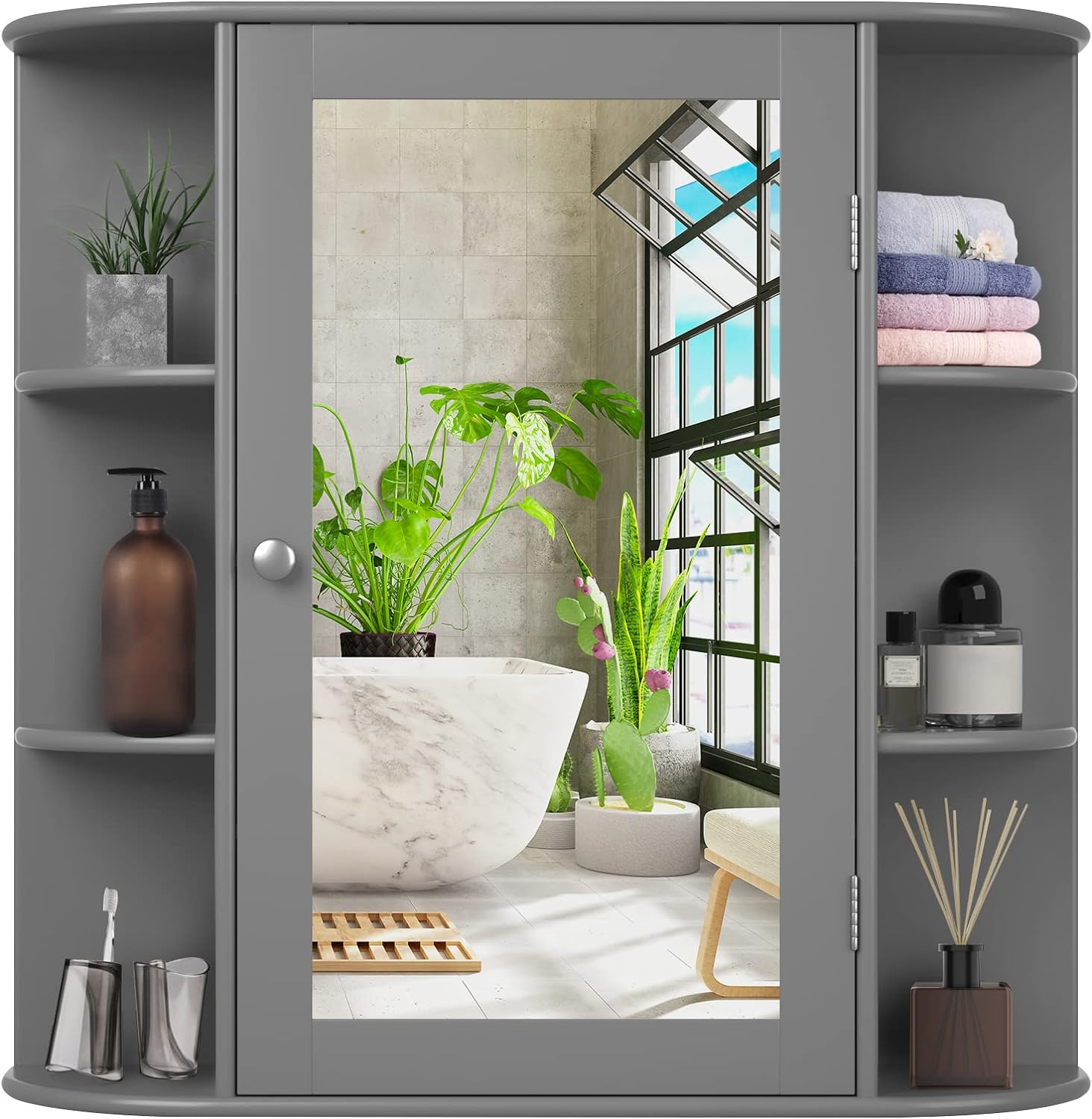 COSTWAY Wall Mounted Bathroom Cabinet - Storage Cabinet with Mirror Door & Adjustable Shelves, Space-Saving Medicine Storage Organizer for Living Room Kitchen Entryway (Gray)