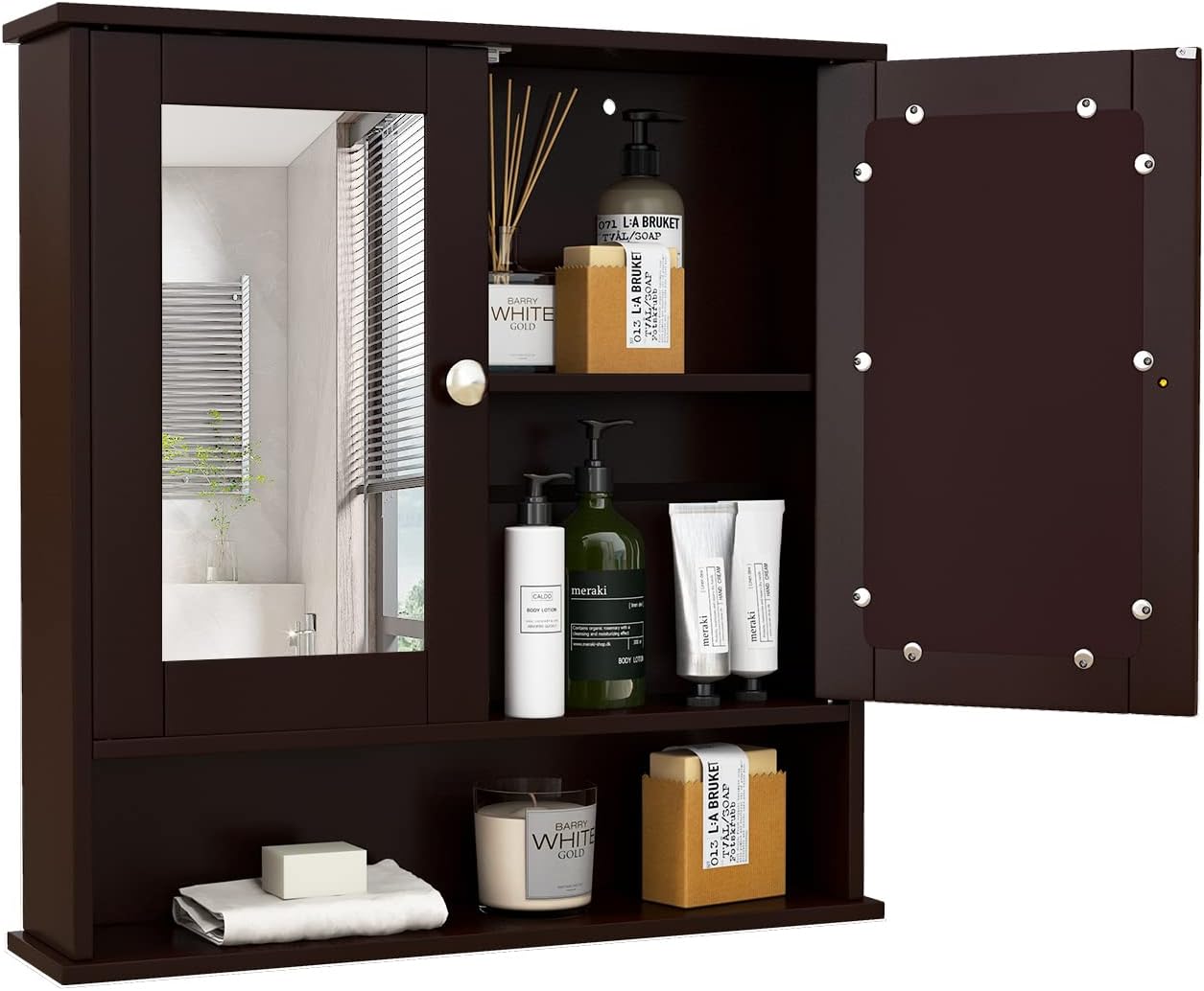 COSTWAY Bathroom Cabinet Wall Mounted - Over The Toilet Wall Storage Cabinet with 2 Mirror Doors and Adjustable Shelf, Hanging Medicine Cabinet for Bathroom, Living Room, Kitchen (Brown)