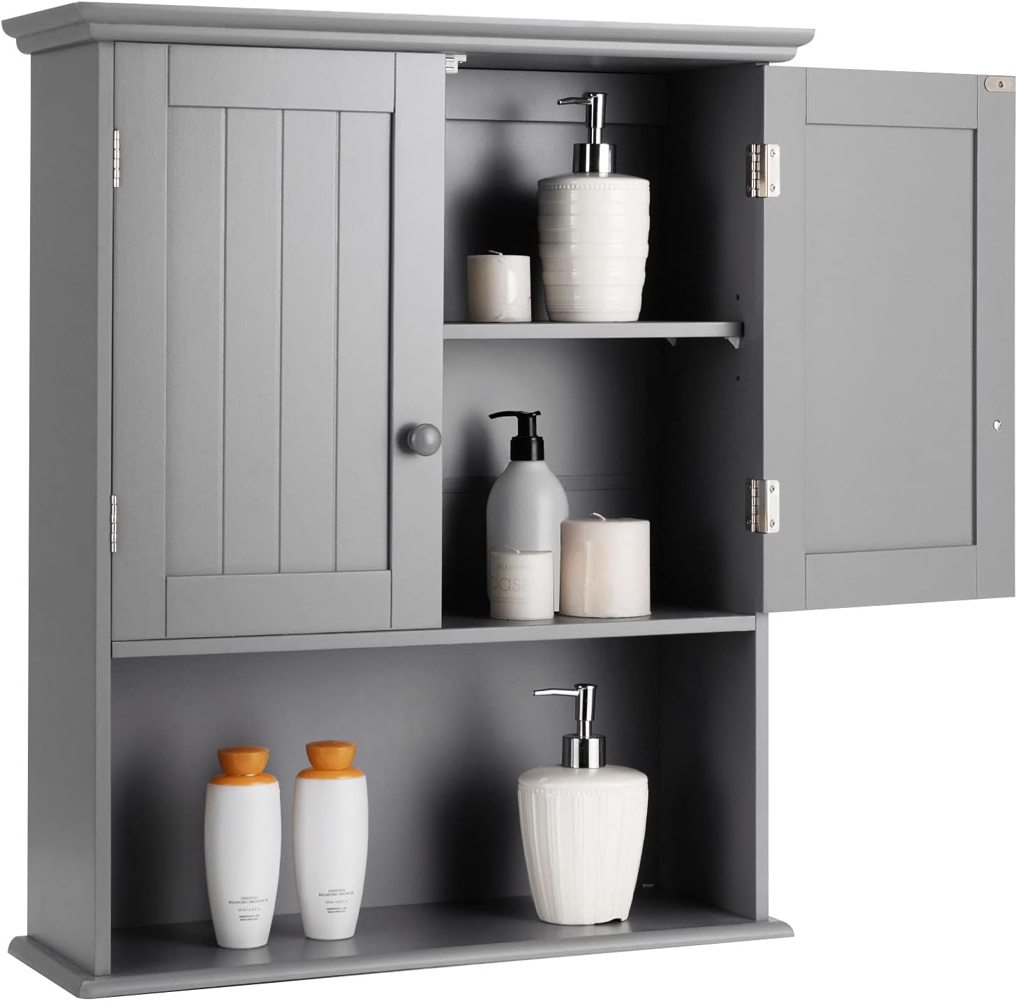 COSTWAY Wall Mounted Bathroom Cabinet, Over The Toilet Storage Cabinet w/Double Doors & Adjustable Shelf, Wood Hanging Medicine Cabinet for Living Room, Entryway, Kitchen (Gray)