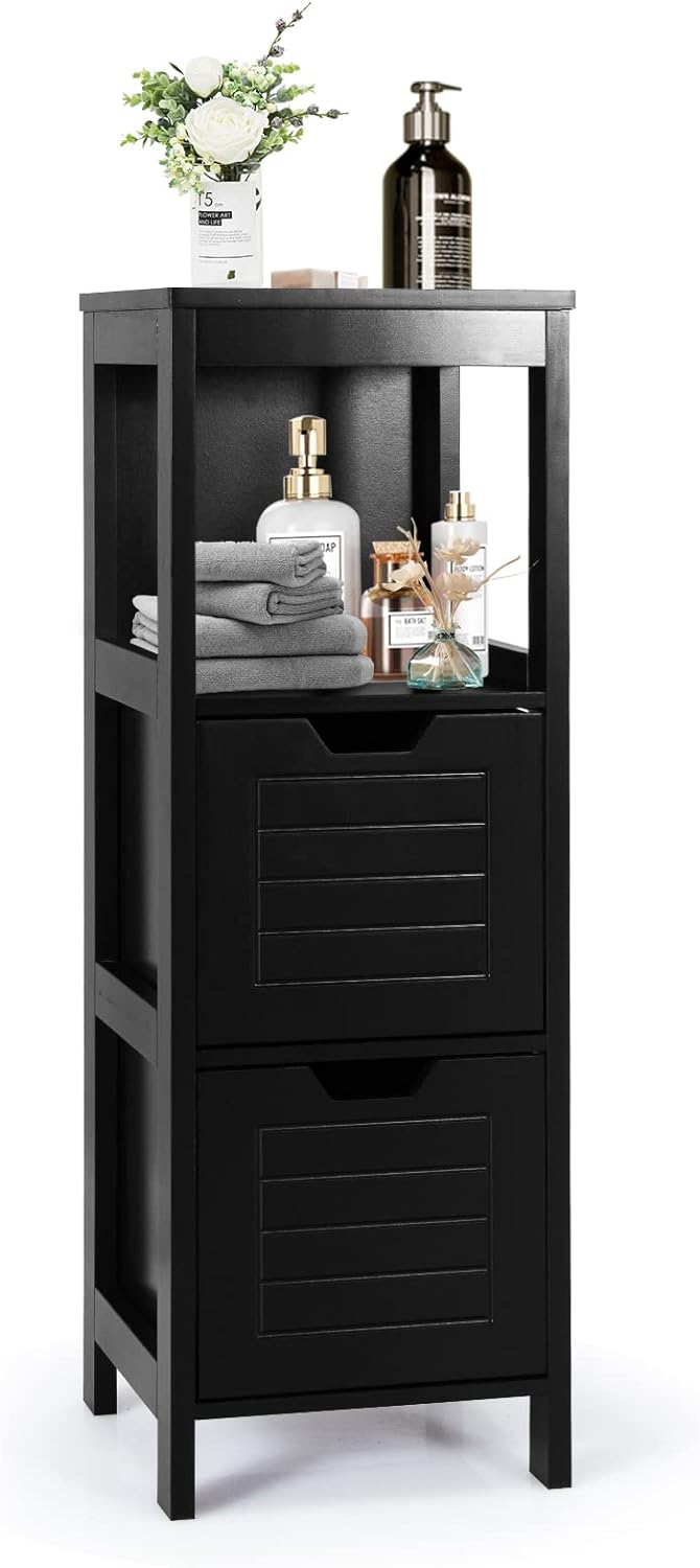 COSTWAY Bathroom Storage Cabinet, Freestanding Wooden Side Storage Cabinet with 2 Adjustable Drawers, Space-Saving Floor Cabinet for Living Room Bathroom Bedroom Entryway (Black)