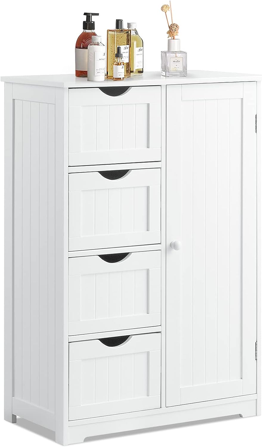 COSTWAY Bathroom Storage Cabinet, Wooden Freestanding Storage Cupboard Organizer with 4 Drawers & Adjustable Shelf, Modern Floor Cabinet for Living Room, Bathroom, Kitchen, Entryway (White)