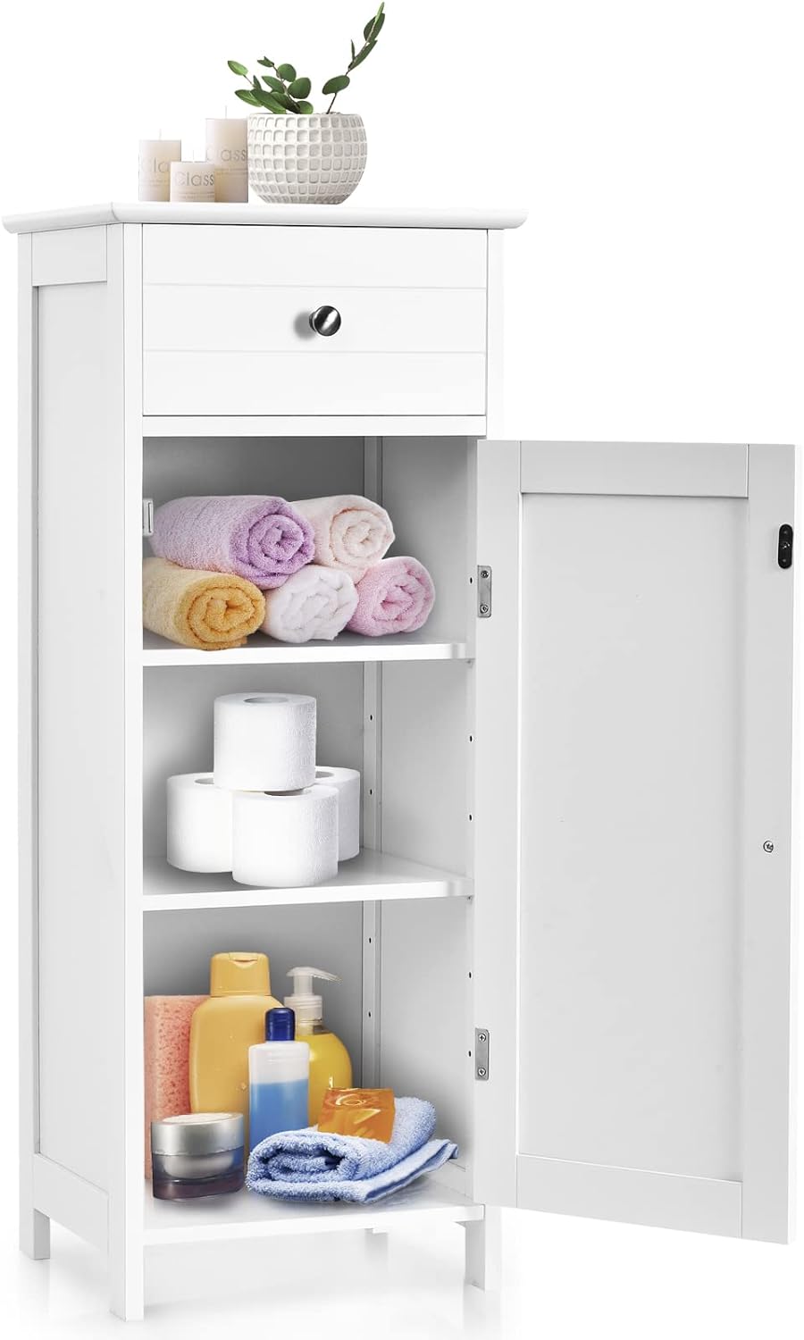 COSTWAY Bathroom Storage Cabinet, Single Door Floor Cabinet with Drawer and 3-Level Adjustable Shelves, Modern Side Storage Organizer with Anti-Tipping Device for Living Room, Bedroom (White)