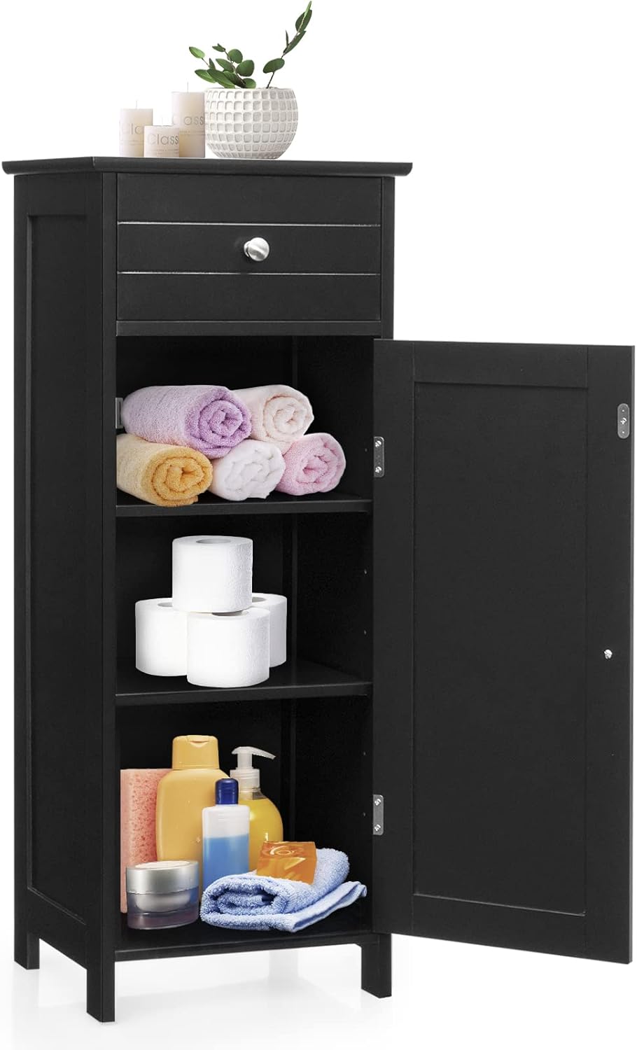 COSTWAY Bathroom Storage Cabinet, Single Door Floor Cabinet with Drawer and 3-Level Adjustable Shelves, Modern Side Storage Organizer with Anti-Tipping Device for Living Room, Bedroom (Black)