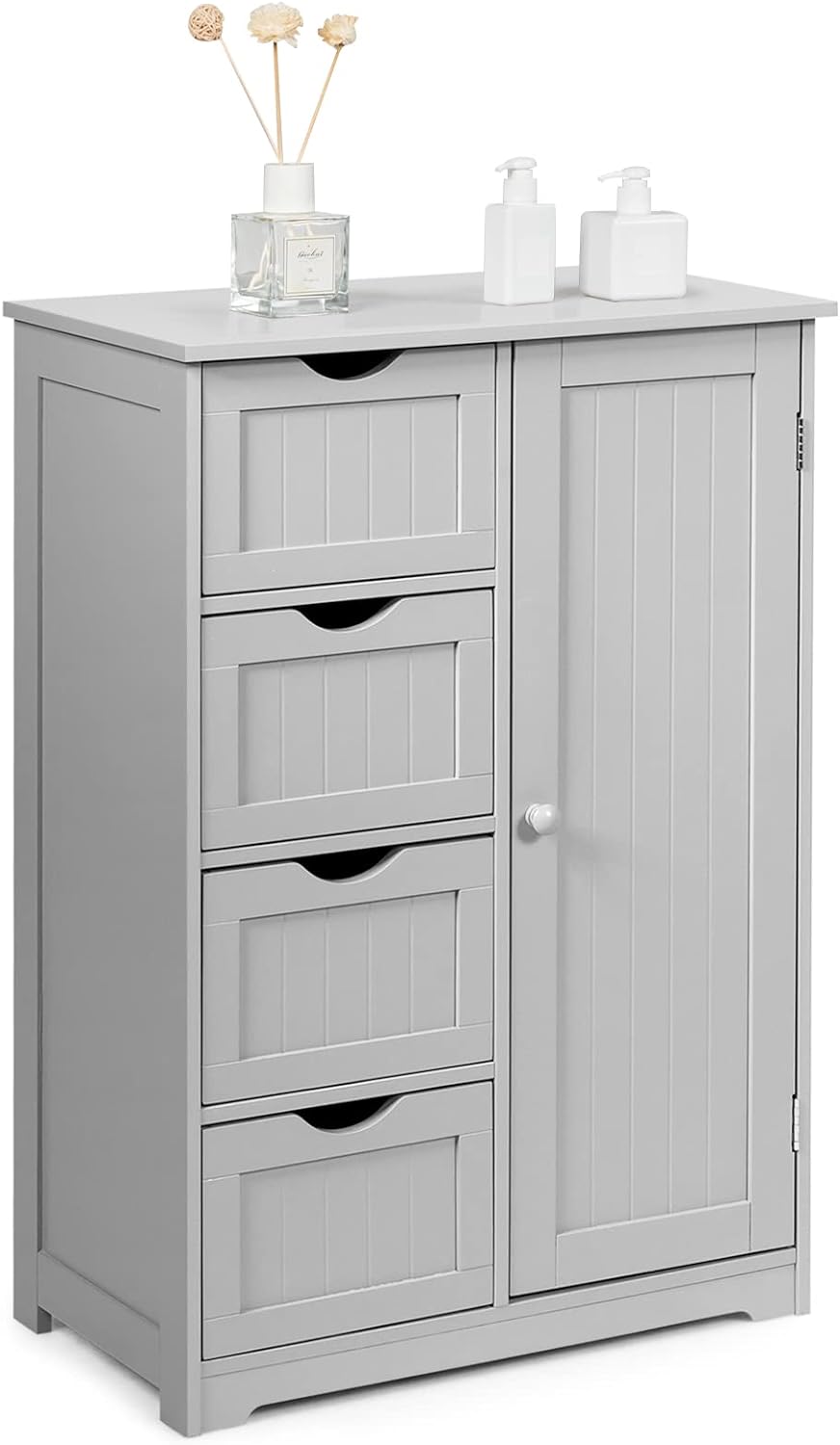 COSTWAY Bathroom Storage Cabinet, Wooden Freestanding Storage Cupboard Organizer with 4 Drawers & Adjustable Shelf, Modern Floor Cabinet for Living Room, Bathroom, Kitchen, Entryway (Grey)