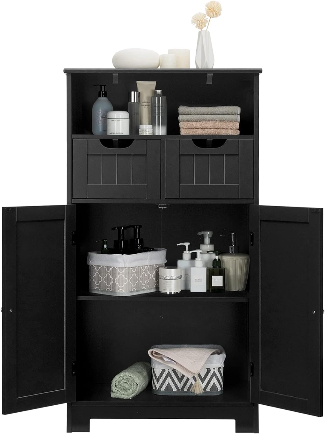 COSTWAY Bathroom Storage Cabinet, Freestanding Storage Organizer with 2 Drawers & Adjustable Shelf, Wooden Floor Cabinet for Living Room, Bedroom, Kitchen, Entryway (Black)