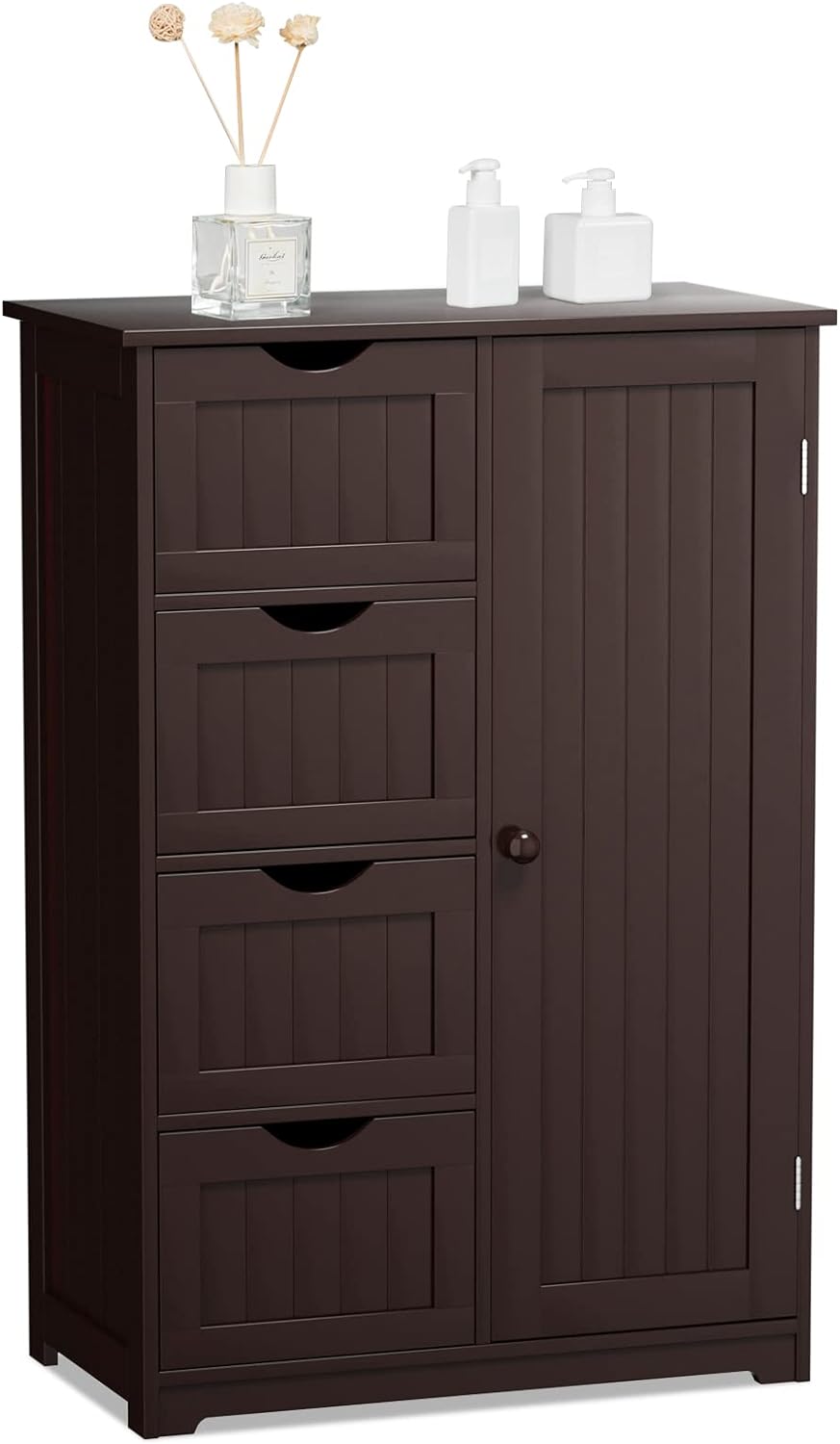 COSTWAY Bathroom Storage Cabinet, Freestanding Storage Organizer with 4 Deep Drawers & Adjustable Shelf, Modern Floor Cabinet for Living Room, Bathroom, Kitchen, Entryway, Brown