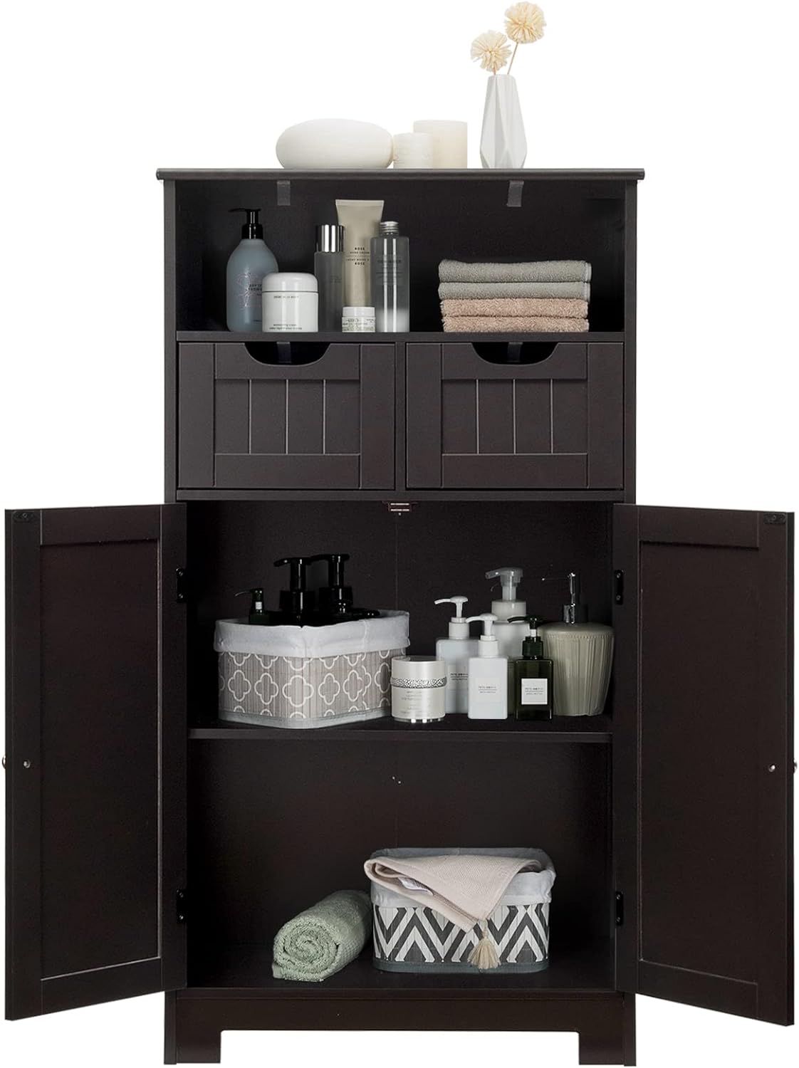 COSTWAY Bathroom Storage Cabinet, Freestanding Storage Organizer with 2 Drawers & Adjustable Shelf, Wooden Floor Cabinet for Living Room, Bedroom, Kitchen, Entryway (Brown)