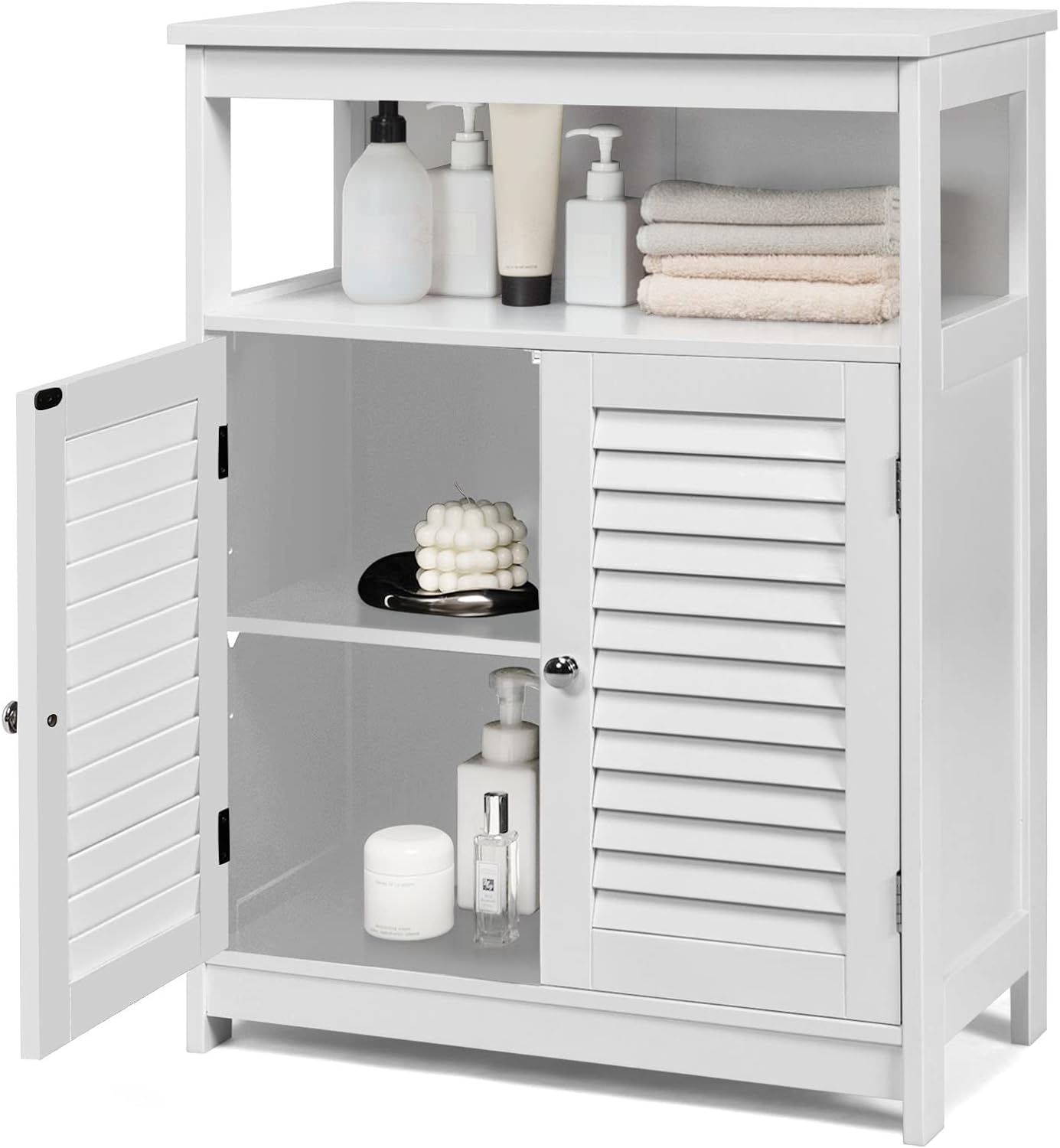 COSTWAY Bathroom Storage Cabinet, Wooden Side Storage Organizer with Louver Doors & Removable Shelf, Freestanding Floor Cabinet for Living Room, Kitchen, Entryway (White)