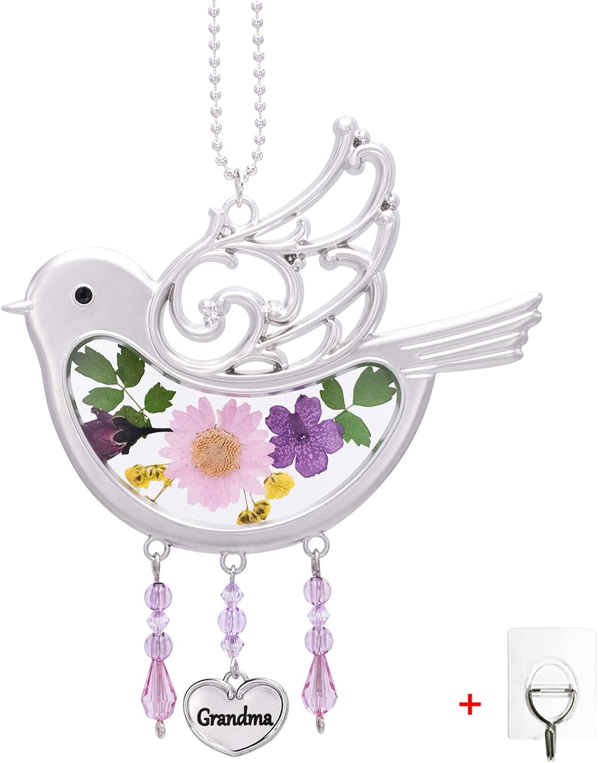 Laraine Bird Suncatcher with Pressed Flower Wings Mather' Day Birdie Glass Wind Chime Ornament Charm with Metal Heart Gifts for Mom Grandma Aunt Birthday (Pink, Grandma)