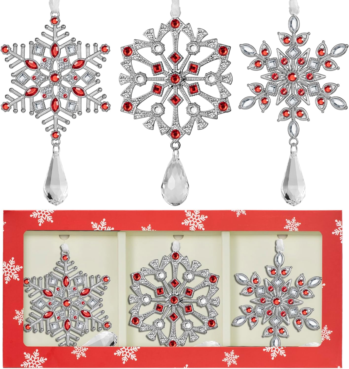 Laraine Christmas Tree Snowflakes Ornaments  2023 Decorative Hanging Pendant of Car Charm Holiday Keepsake Gift Home Decor (3 Pieces Set, Red)