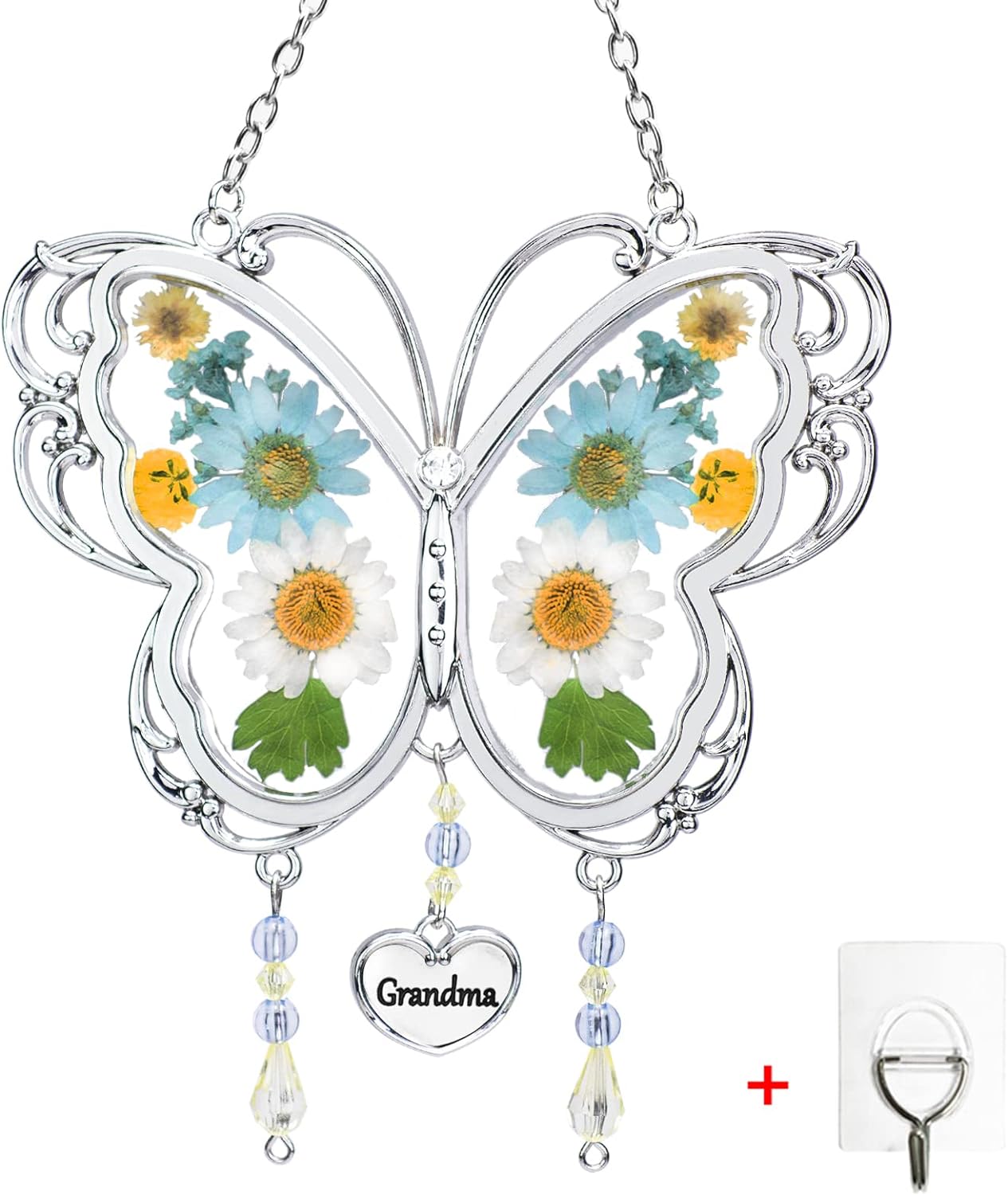 LARAINE Butterfly Suncatcher with Pressed Flower Wings Mom Mother' Day Butterfly Glass Wind Chime Ornament Charm with Metal Heart Gifts for Mom Grandma Aunt Birthday (Grandma, Blue)