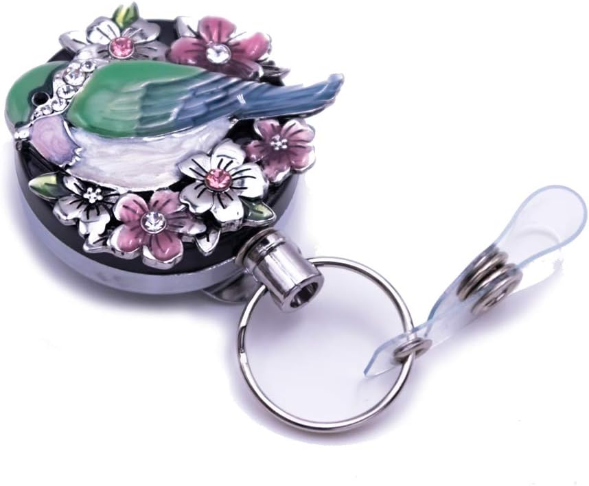 Laraine Badge Reel Holder Retractable Metal Clip ID Card & Key Holders Carabiner Rhinestones Pearl Bird Shape 1.7 (Bird)