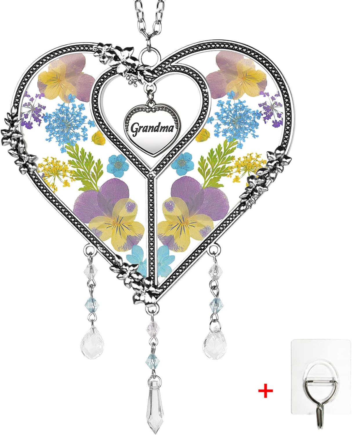 LARAINE Heart Suncatcher with Pressed Flower Wings Mom Mother' Day Love Glass Wind Chime Ornament Charm with Metal Heart Gifts for Mom Grandma Aunt Birthday (Grandma, Blue)