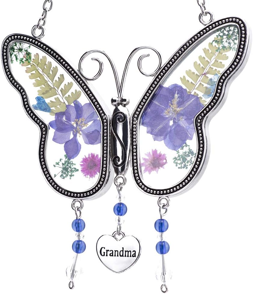 Laraine Butterfly Suncatcher with Pressed Colourful Flower Wings Mom Mother' Day Butterfly Glass Wind Chime Ornament Charm with Metal Heart Gifts for Mom Grandma Birthday (Purple Grandma)