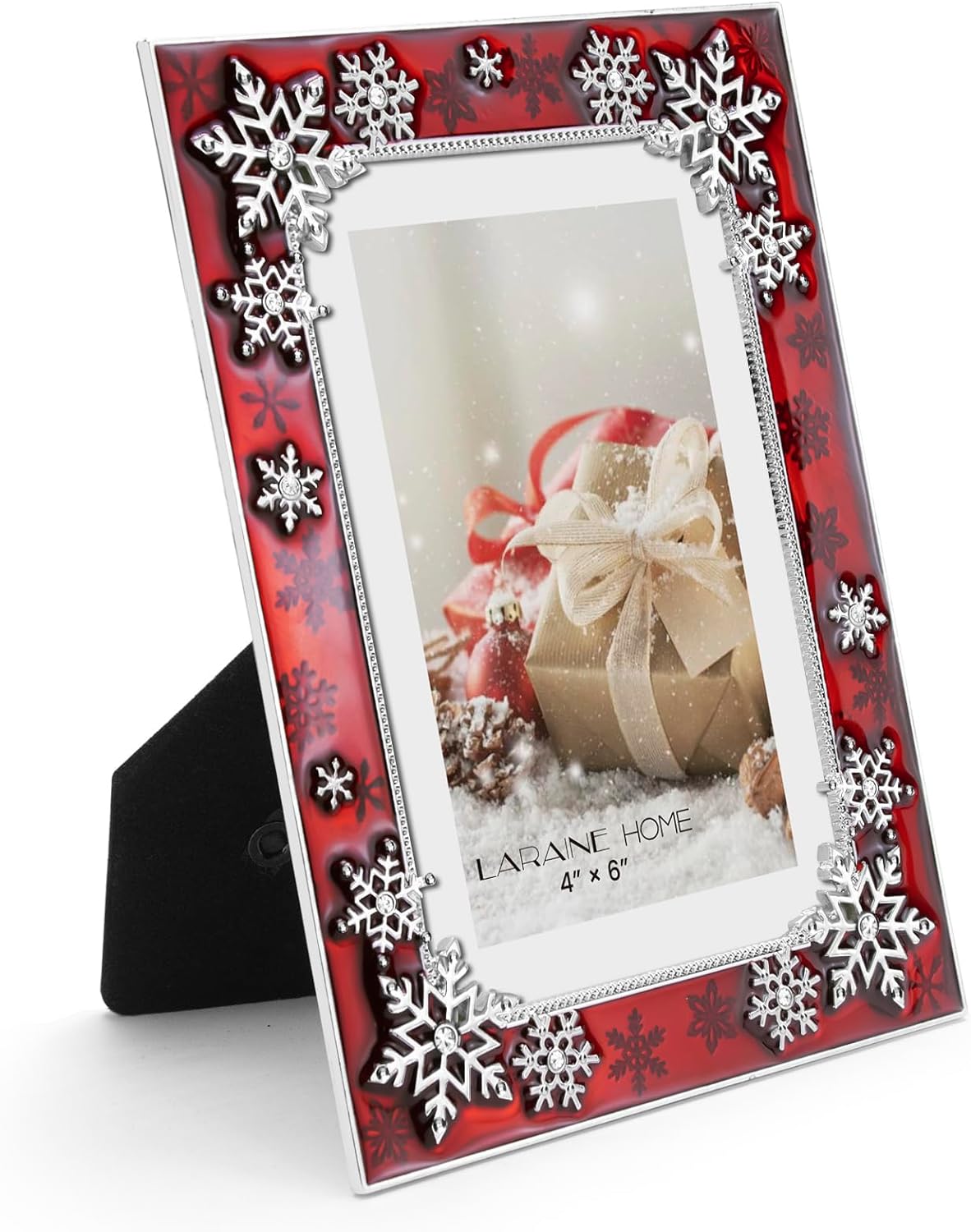 LARAINE Picture Photo Frame 4x6 Metal Sparkle Snowflake High Definition Glass Display Pictures for Tabletop Home Decorative Christmas Holiday Gift (Red)