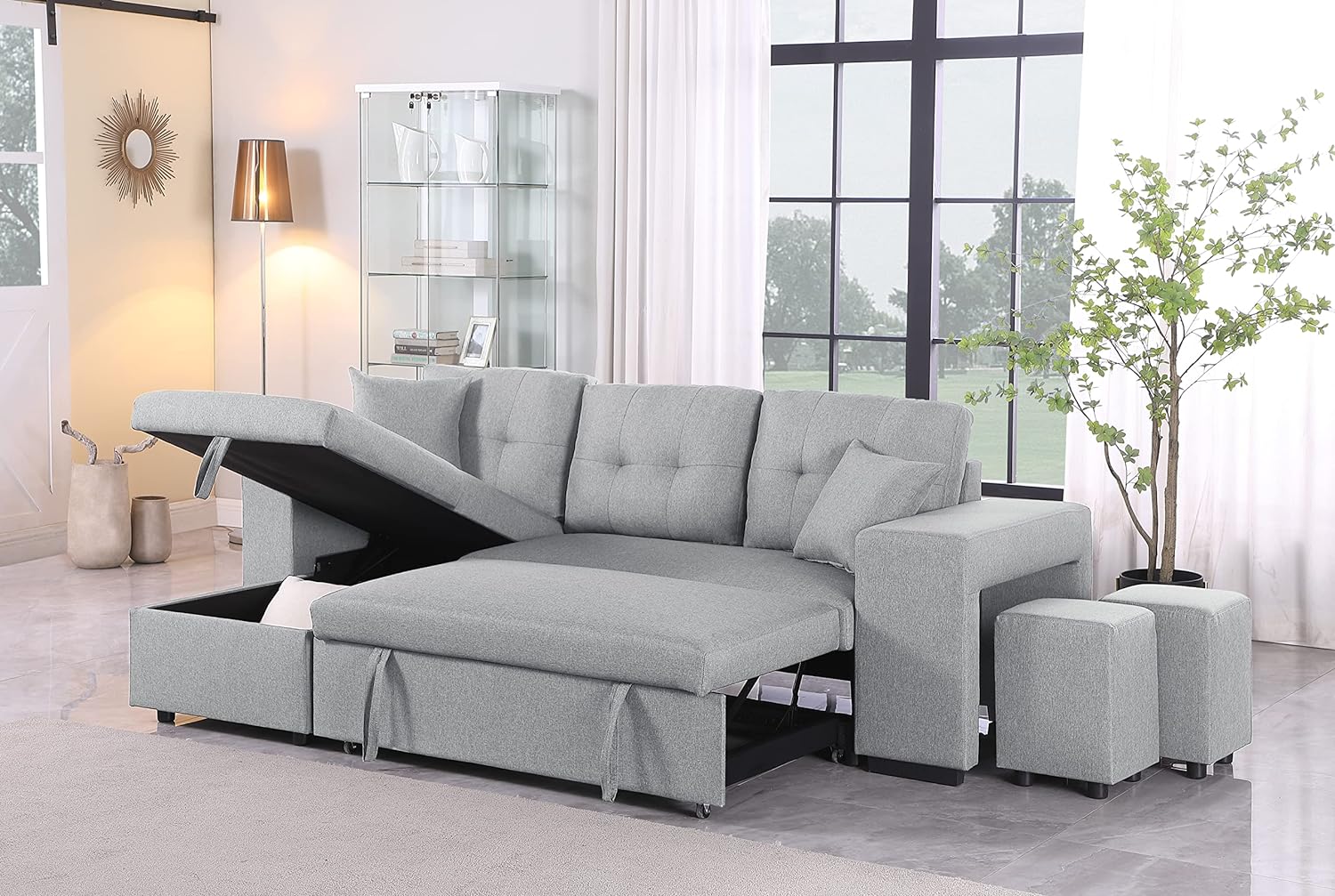 L-Shaped 3-Seaters Corner Sleeper Sectional Sofa W/Pull Out Couch Bed,Reversible Storage Chaise & Niche Shelves for Living Room,Modern Linen Upholstered Sofa & Couch Convertible Sofabed with 2 Stools