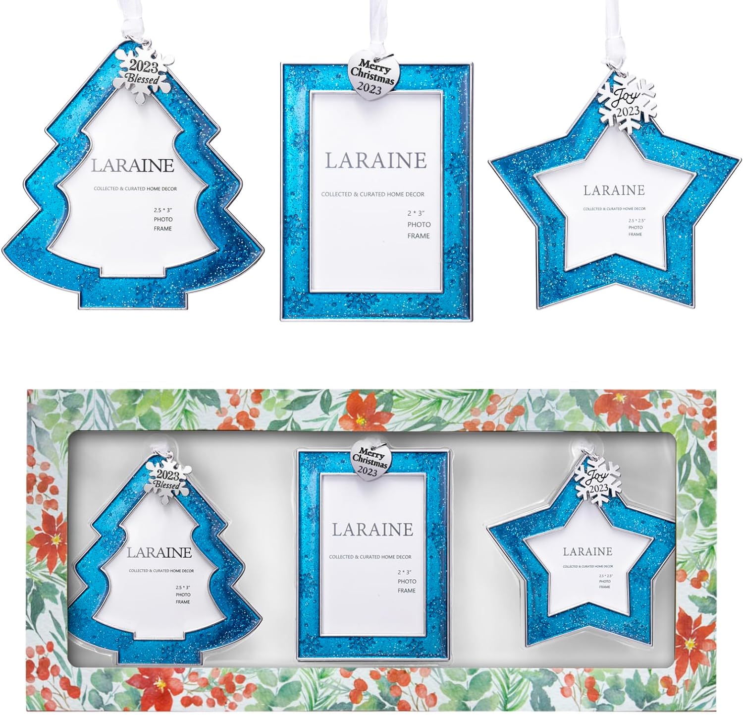 Laraine Christmas Tree Ornaments 3 Pieces  Decorative Hanging 2023 Star Pendant with Small Picture Frame Insert for Baby and Pet Holiday Keepsake Gift (Blue (2023))