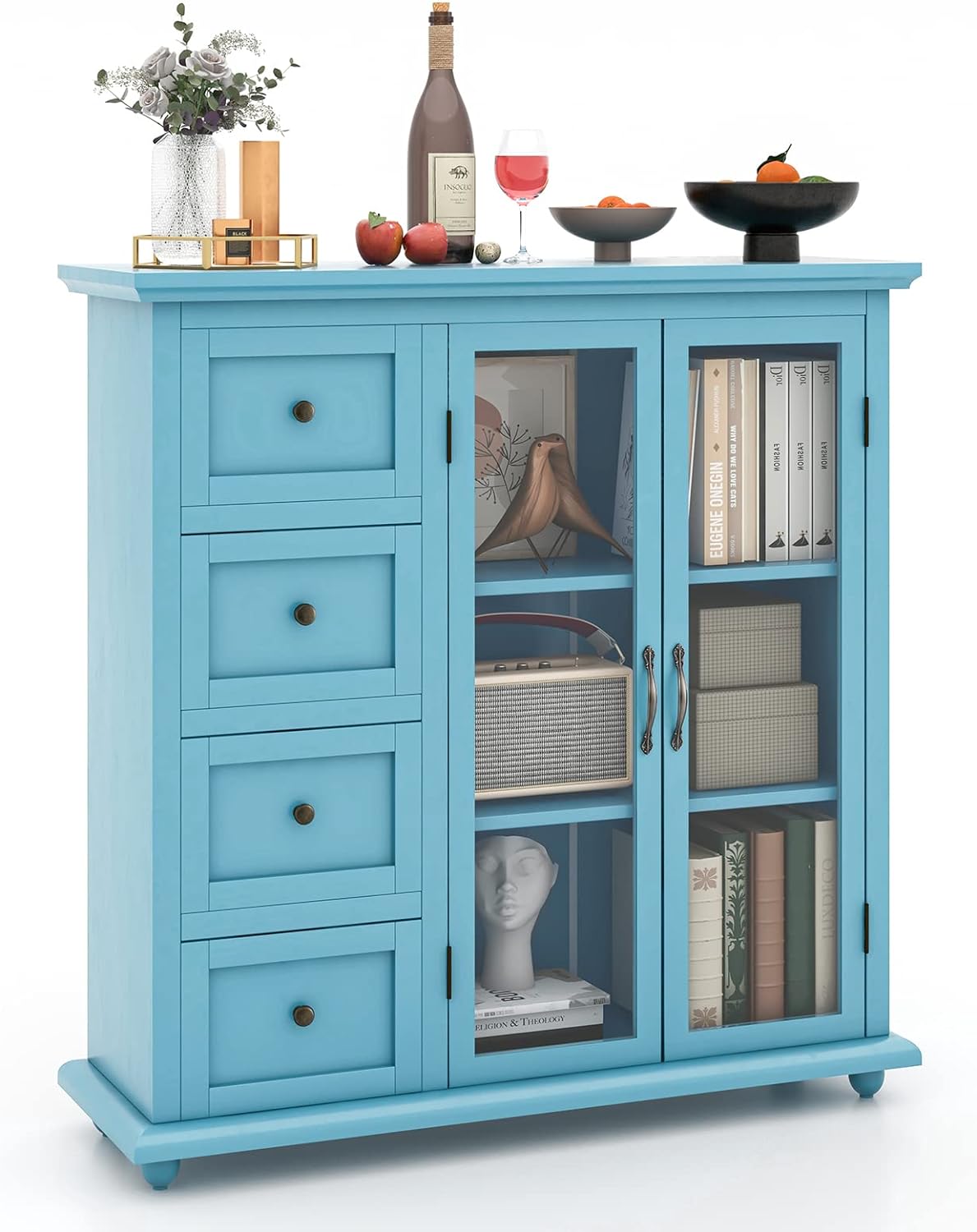 COSTWAY Sideboard Buffet Cabinet, Kitchen Storage Cabinet with 4-Drawers, 2 Tempered Glass Doors, Buffet Table, Accent Cabinet for Entryway, Dining Room, Kitchen, Home, Basement, Blue