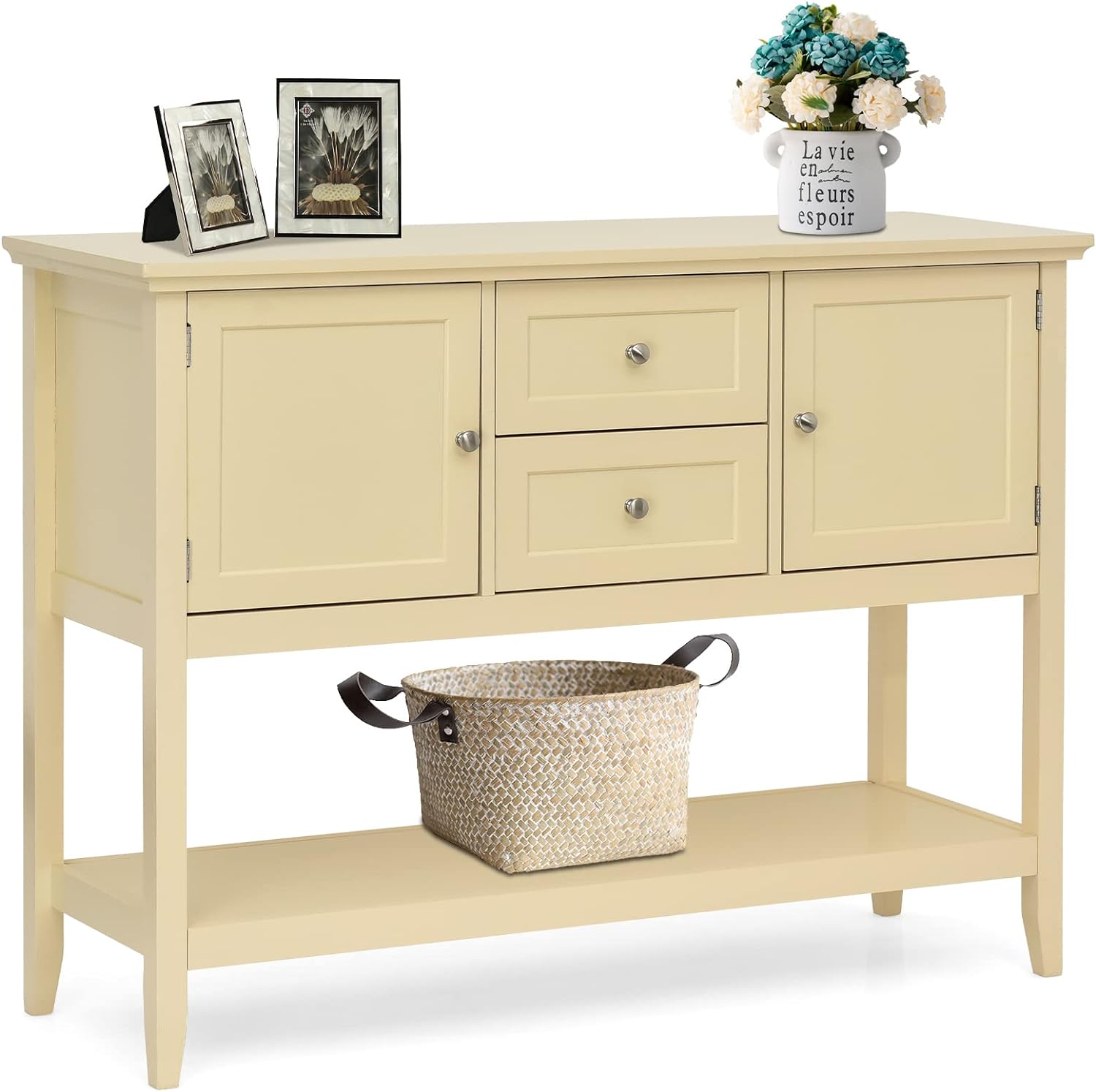 COSTWAY Buffet Sideboard, with 2 Wood Storage Drawers & Open Shelf, Console Table for Living Room Kitchen Dining Room Furniture (Beige)