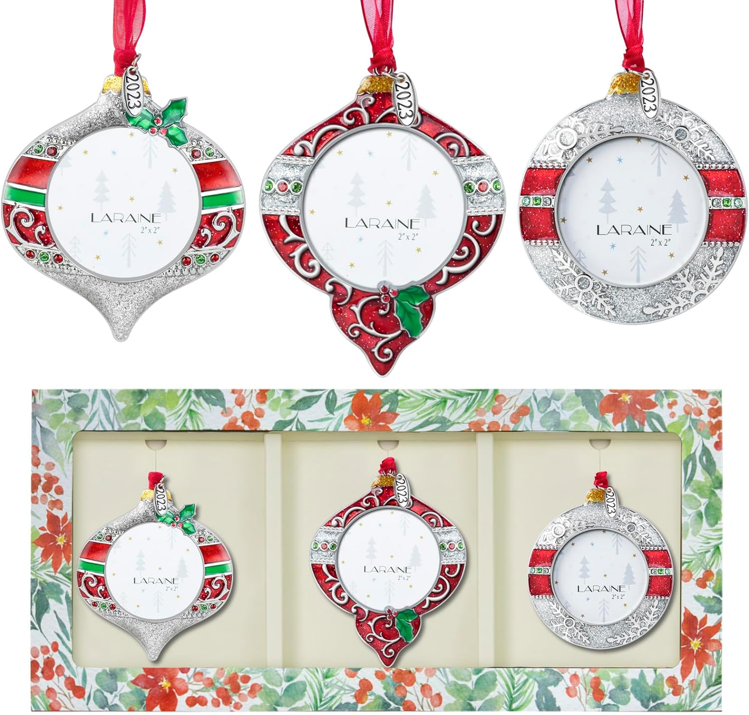 Laraine Christmas Tree Ornaments  3 Piece Onion Shaped Decorative Hanging 2023 Holiday Keepsake Gift Pendant with 2 Photo Frame Insert for Picture (3 Pieces (2023), Red&Silver)