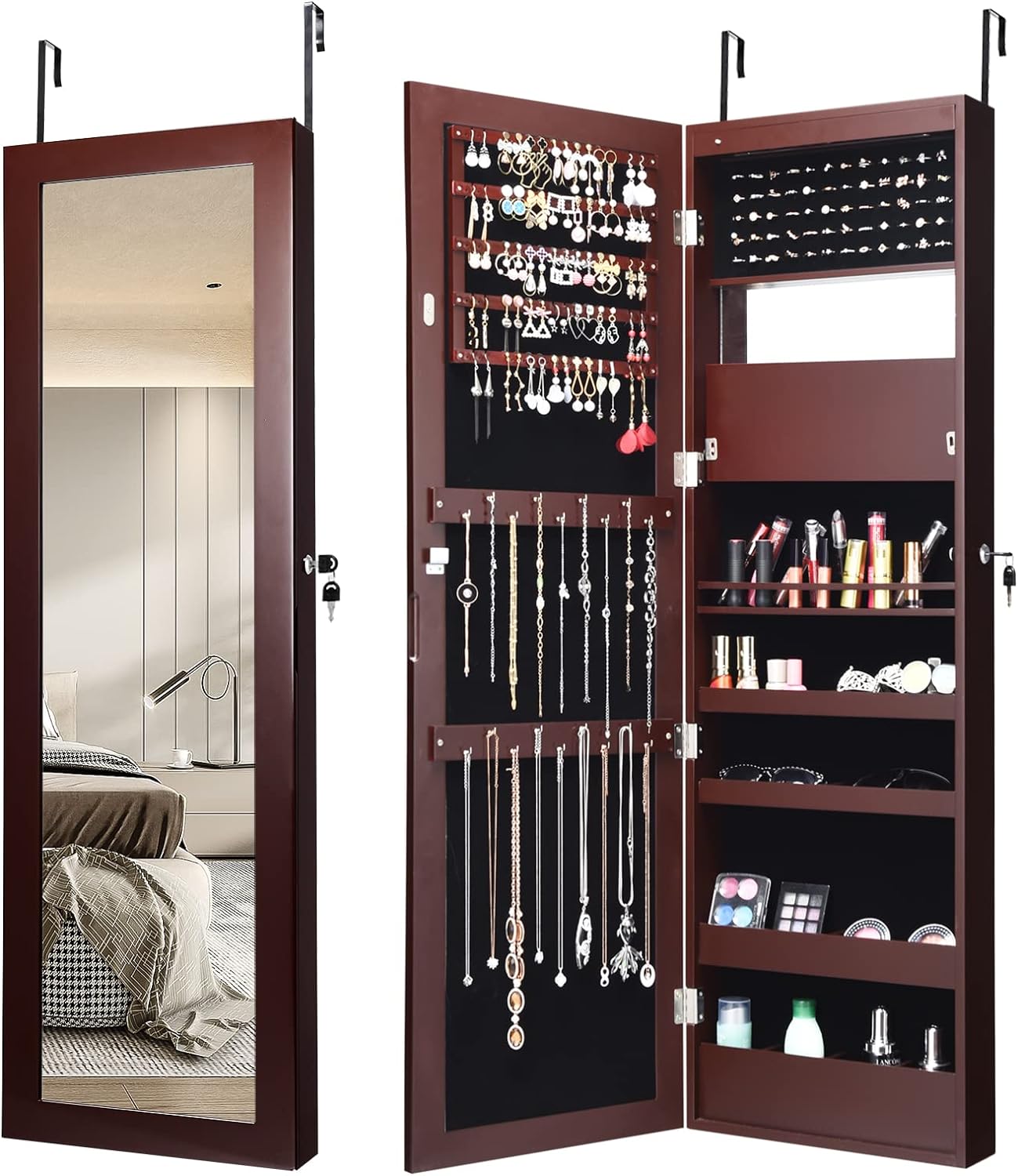 COSTWAY 12 LEDs Mirror Jewelry Cabinet, Wall/Door Mounted Jewelry Organizer Cabinet with 53.5 Full Length Mirror & Large Storage Capacity, Lockable Jewelry Armoire for Women Girls (Brown)