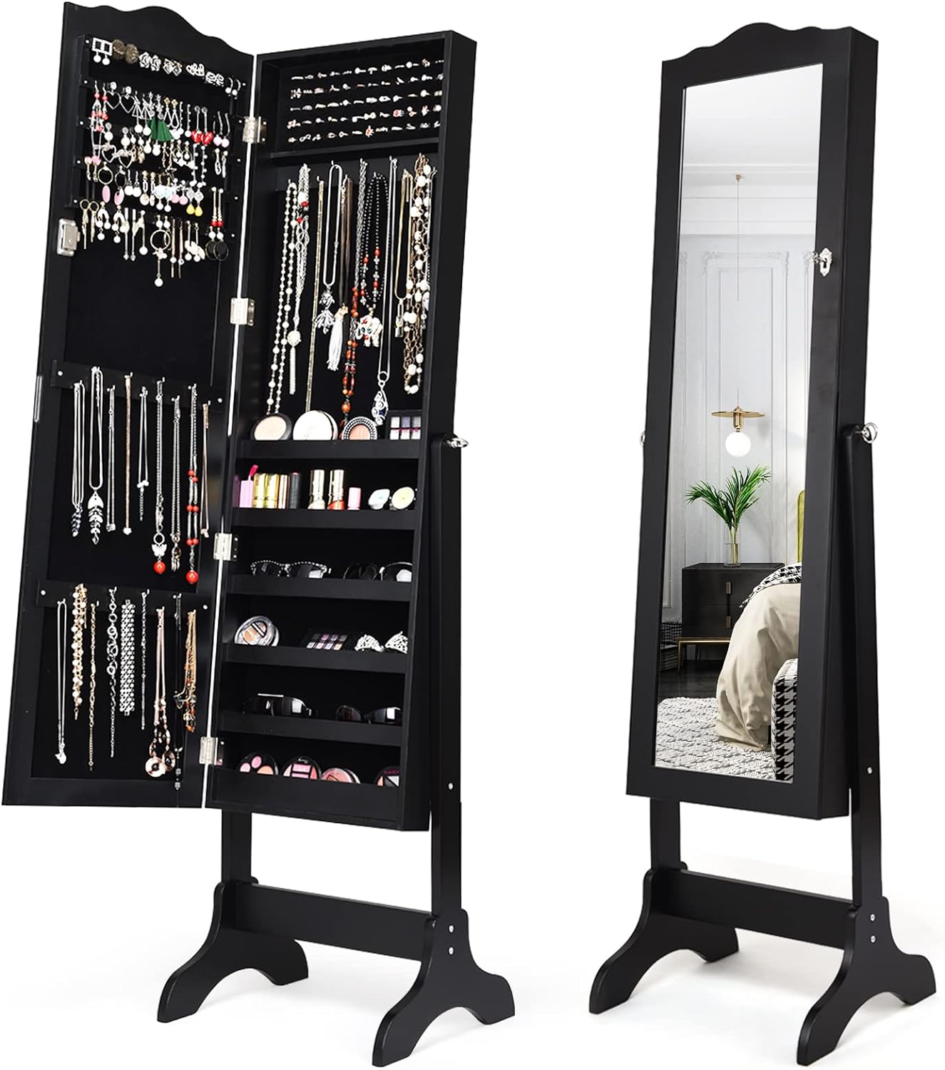 COSTWAY Mirror Jewelry Cabinet, 4-Angle Tilting Jewelry Organizer with Full-length Mirror & Large Capacity, Lockable Standing Jewelry Armoires for Bedroom, Dressing Room (Black)