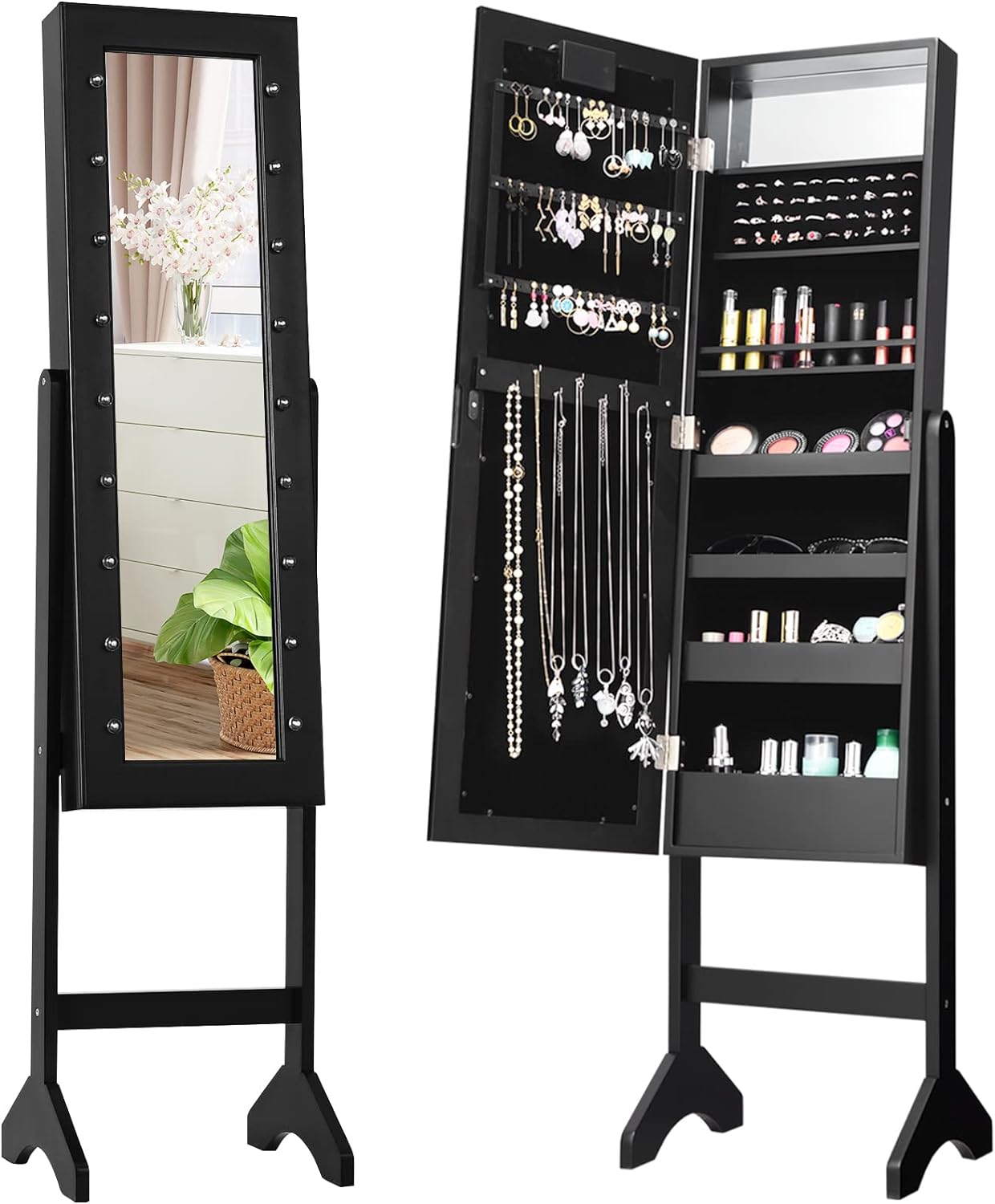 COSTWAY Jewelry Armoire with 18 LED Lights, Standing Jewelry Organizer with Full-length Mirror & Built-In Mirror, Large Capacity Jewelry Cabinet for Bedroom, Dressing Room (Black)