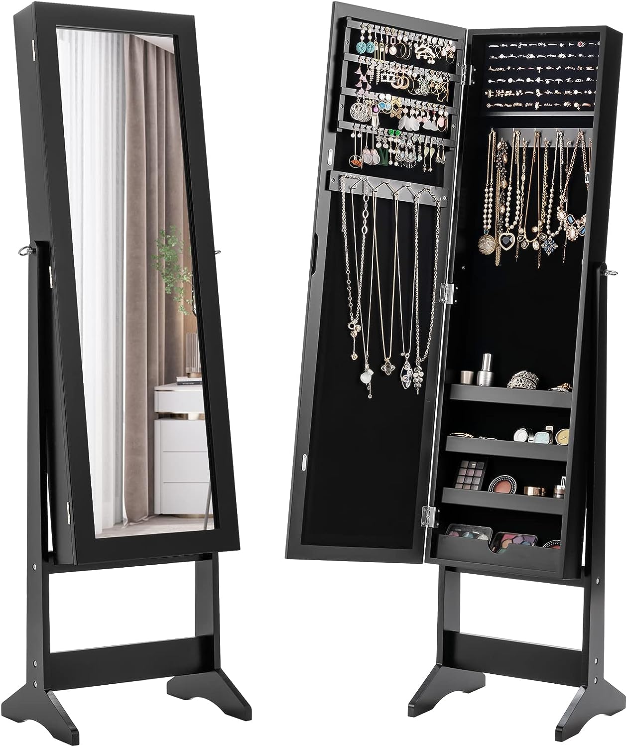 COSTWAY Jewelry Armoire Cabinet, Standing Jewelry Organizer with Full-length Mirror & 3 Adjustable Angles, Large Storage Capacity Jewelry Cabinet for Bedroom, Dressing Room (Black)