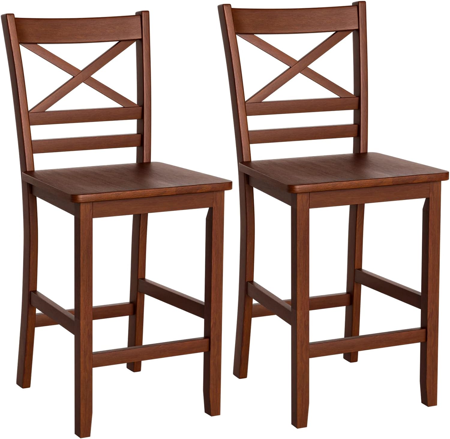 COSTWAY Bar Stools Set of 2, 25'' Antique Kitchen Counter Height Chairs with Wooden X-Shaped Backrest & Rubber Wood Legs, Suitable for Home, Cafe Store, Restaurant (2)