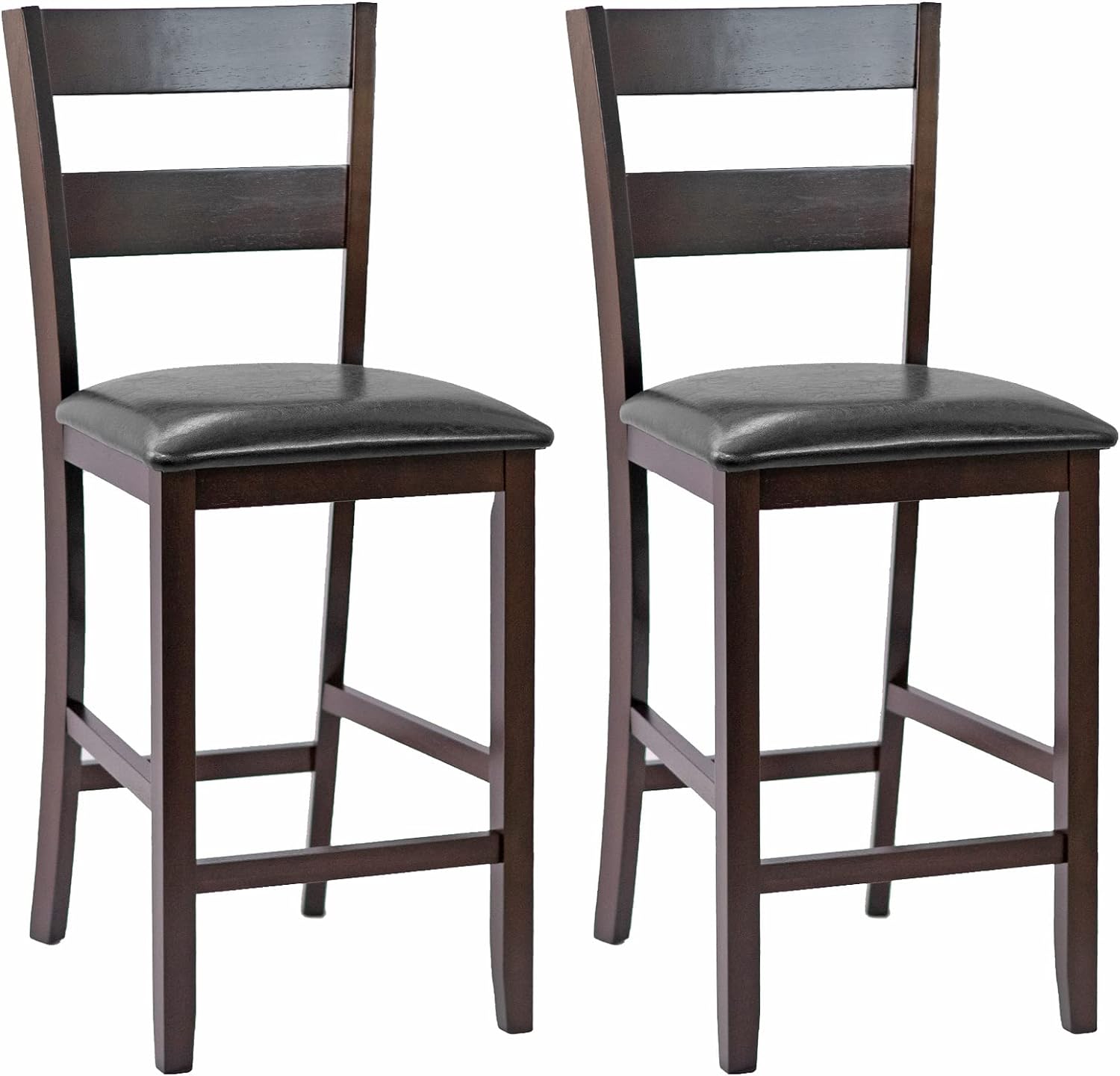 COSTWAY Set of 2 Bar Stools, 25 Counter Height Kitchen Dining Pub Chairs with Soft Padded Seat, PU Leather Cover & Rubber Wood Legs, Suitable for Dining Room, Restaurant & Cafe Store (2)