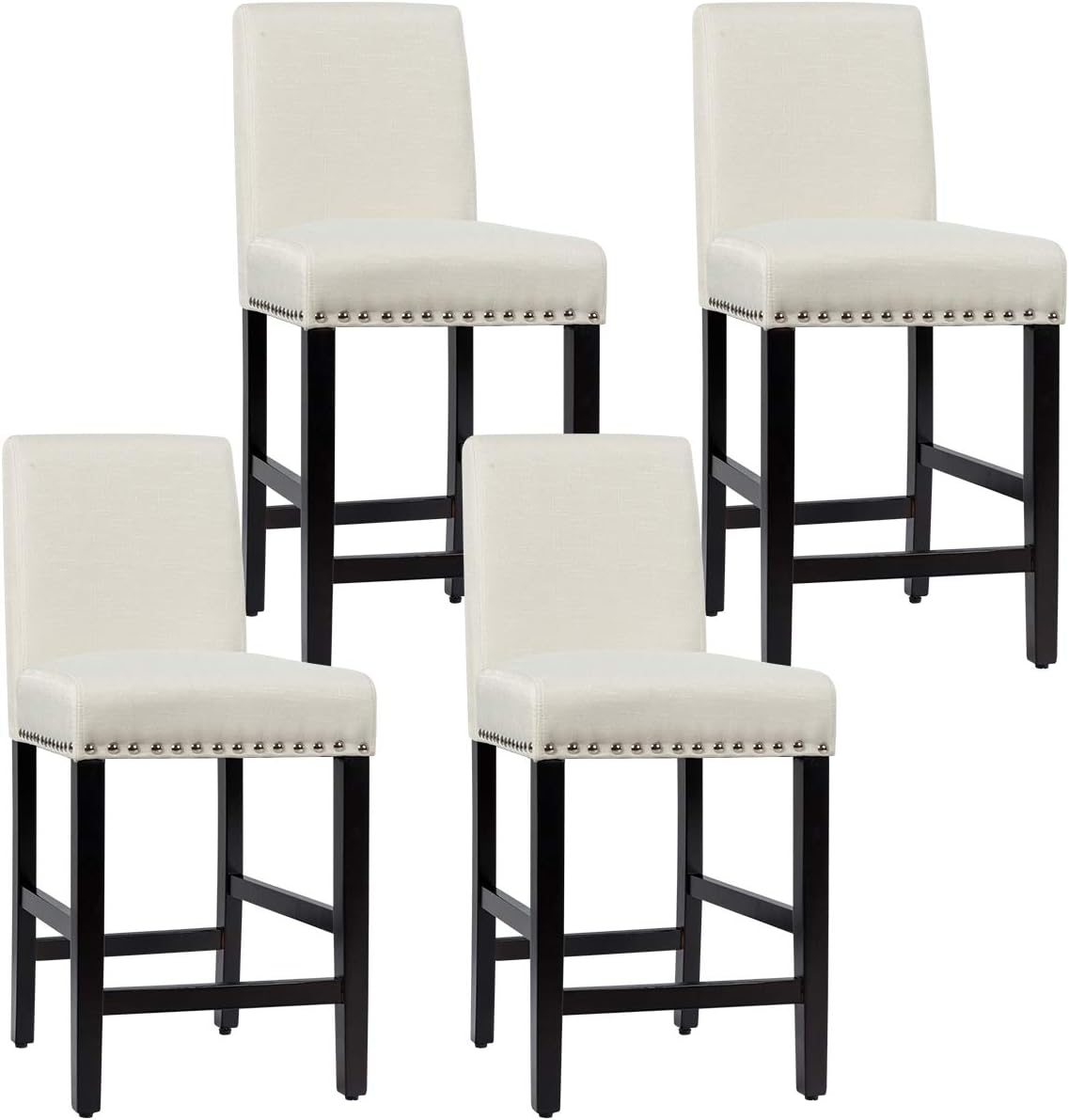 COSTWAY Bar Stools Set of 4, Upholstered Counter Stools w/Rubber Wood Legs, Breathable Linen Fabric, High Resilience Sponge, Comfortable Backrest, Padded Seat, for Kitchen Dining Room (Beige, 4)