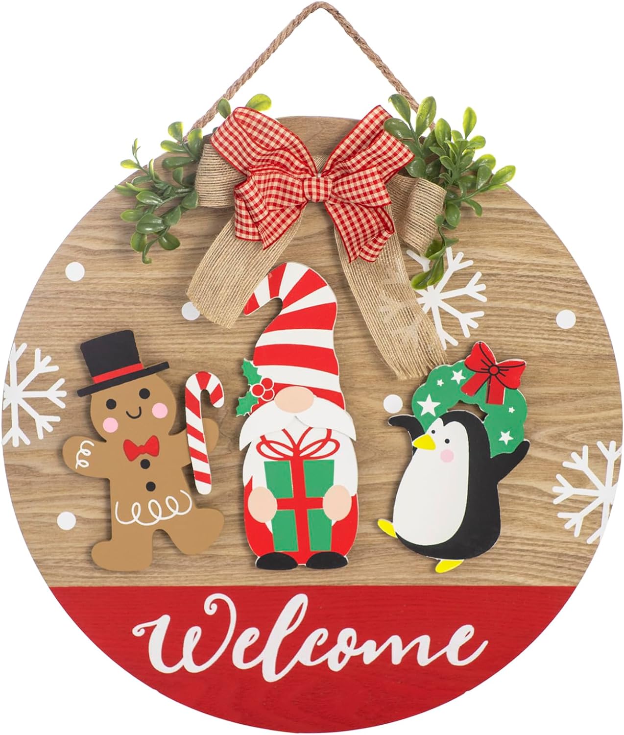 LARAINE Christmas Wooden 15-inch Seasonal Welcome Sign for Front Door, Round Welcome Hanging Sign Porch Sign Gnome Rustic Winter Style Holiday Decoration (Christmas)