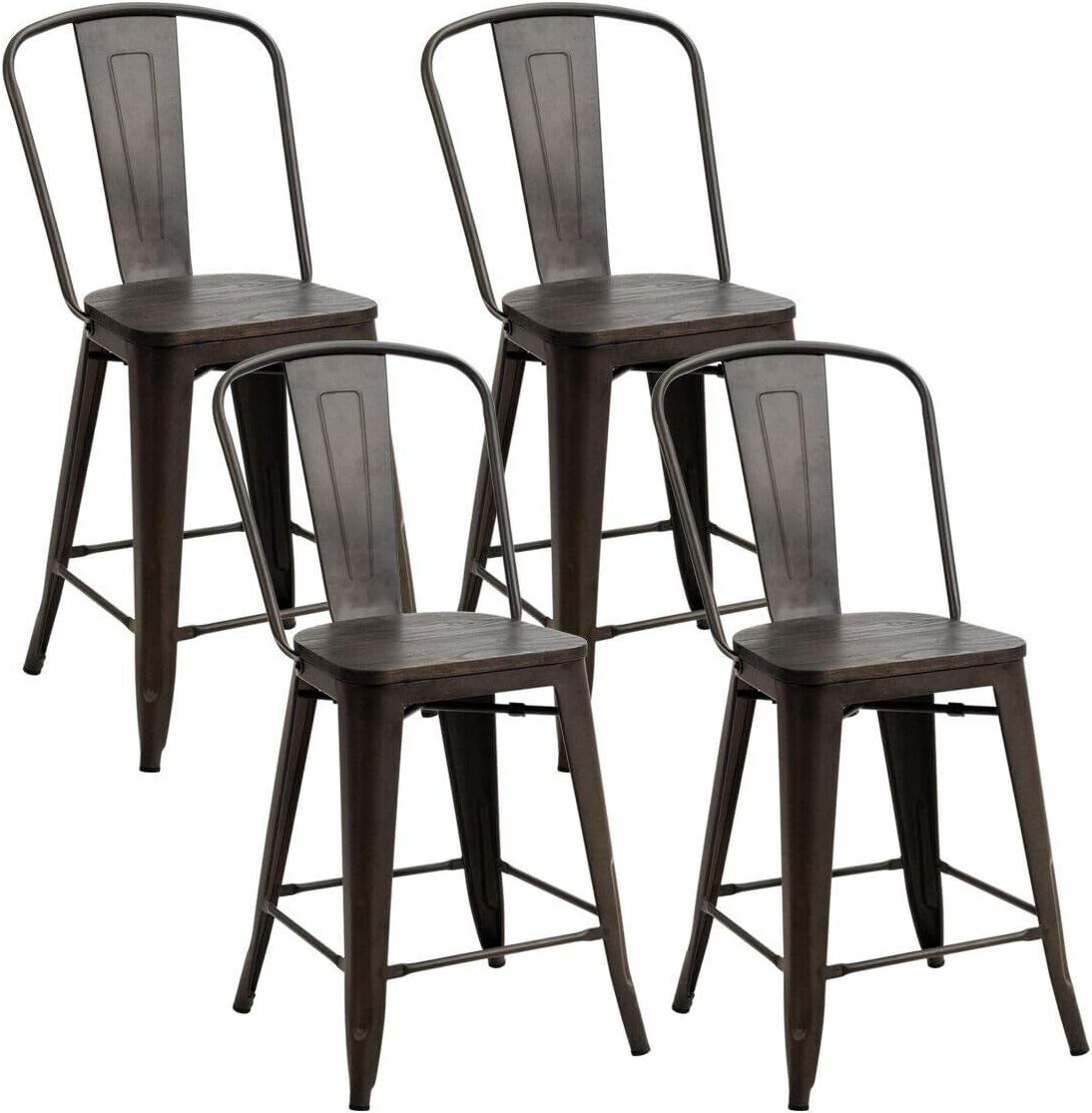 COSTWAY Tolix Style Dining Stools with Wood Seat and Backrest, Industrial Metal Counter Height Stool, Modern Stackable Kitchen Dining Bar Chairs Rustic, Copper (Height 24 *4PC)