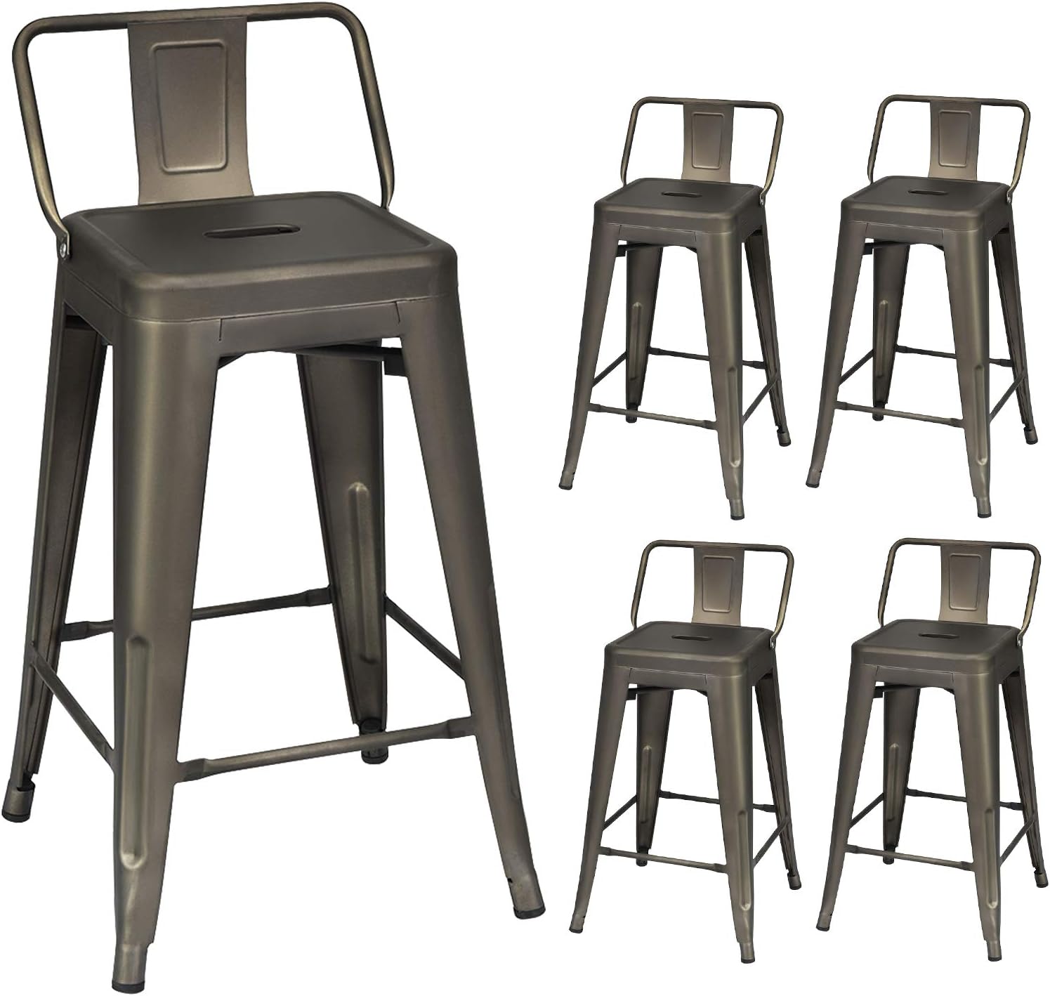 COSTWAY Metal Bar stools Set of 4, with Removable Back, 24'' Counter Height Stools with Rubber Feet, Stylish and Modern Chairs, for Kitchen, Dining Rooms, and Side Bar (Gun, 24'')