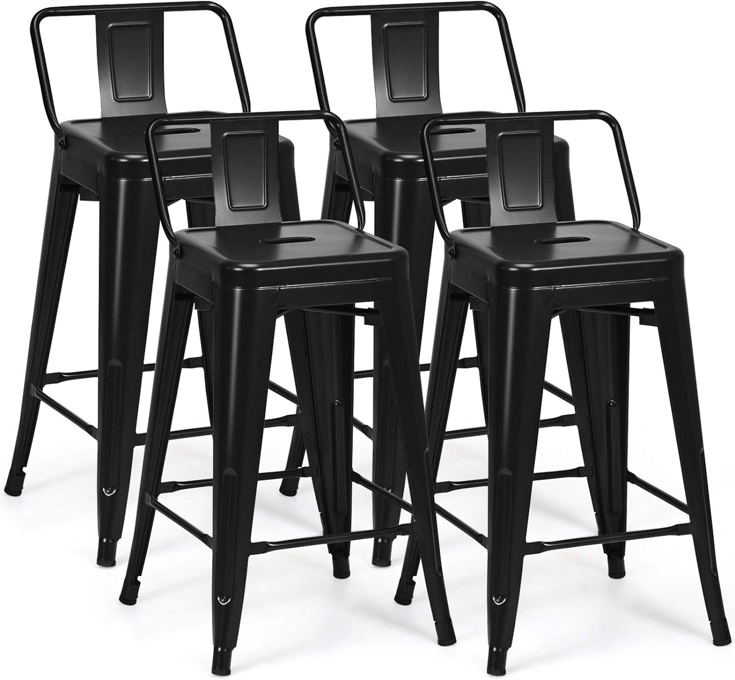 COSTWAY Metal Bar stools Set of 4, with Removable Back, 24'' Counter Height Stools with Rubber Feet, Stylish and Modern Chairs, for Kitchen, Dining Rooms, and Side Bar (Black, 24'')