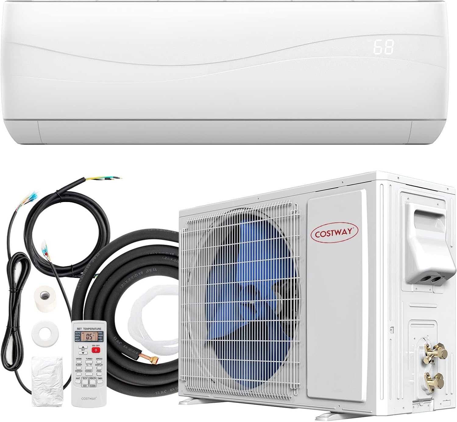 COSTWAY 18000BTU Mini Split Air Conditioner& Heater,19 SEER2 208-230V Wall-Mounted Ductless AC Unit Cools Rooms up to 1250 Sq. Ft, Energy Efficient Inverter AC w/Heat Pump & Installation Kit